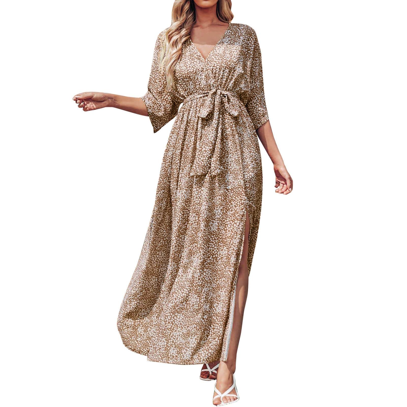 Women's Casual Summer Dresses - V-Neck Split with Belt, Boho Printed Half Sleeve Flowy Dress | Perfect for Beach Vacations, Date Nights & Outdoor Parties