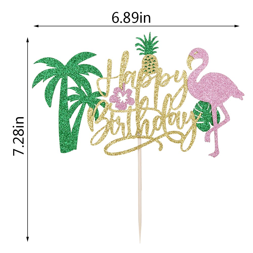 PALASASA Glitter Flamingo Happy Birthday Cake Topper - Tropical Pineapple Hawaiian Luau Theme Party Decorations for Kids, Boys & Girls | Perfect for Birthday Cakes, Cupcakes & Tropical Themed Parties