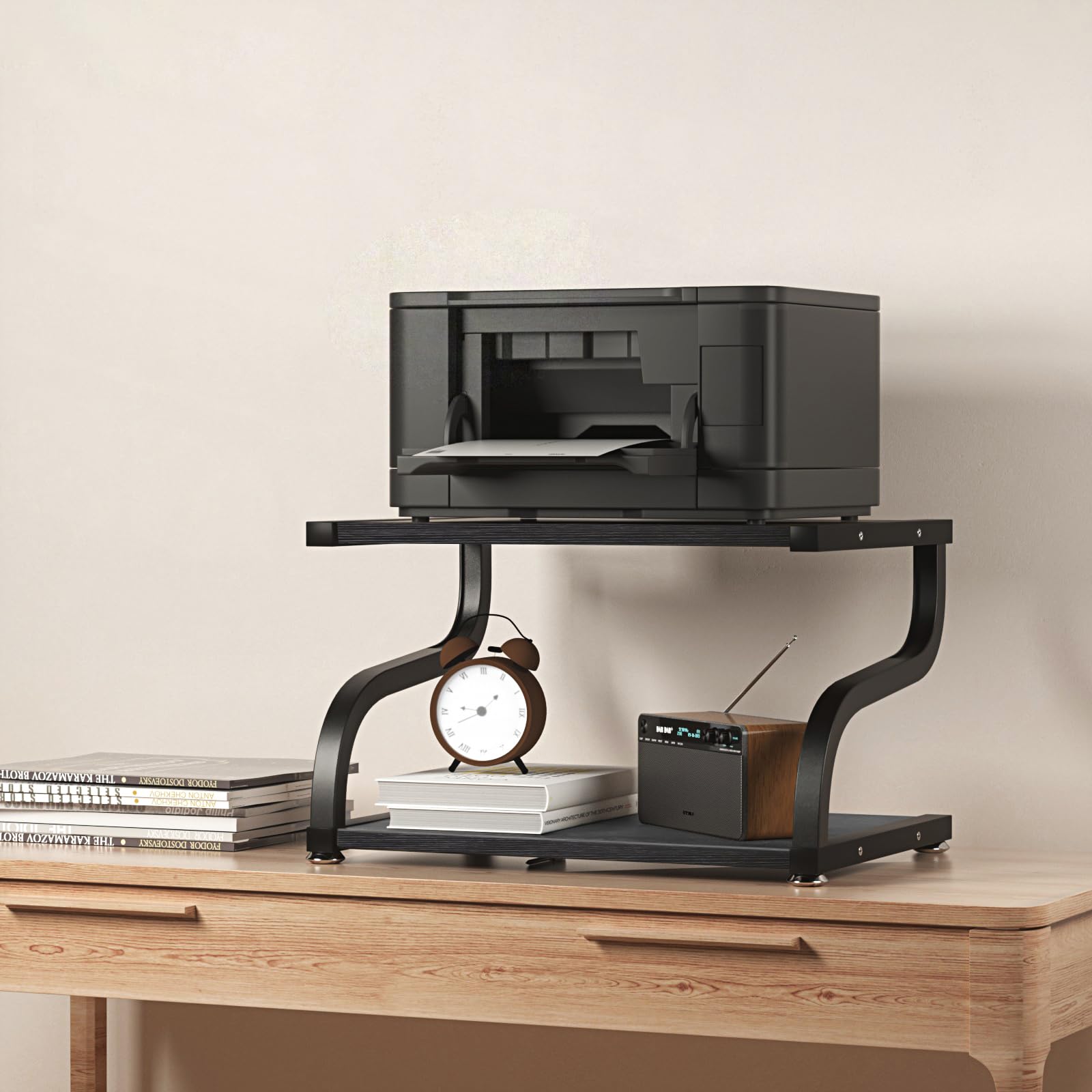 2-Tier Heavy Duty Wooden Printer Stand with Storage | Anti-Slip Desktop Shelf Organizer for Home & Office Workspace | Perfect Printer Table for Small Spaces, Under Desk Organization & Home Office Setup
