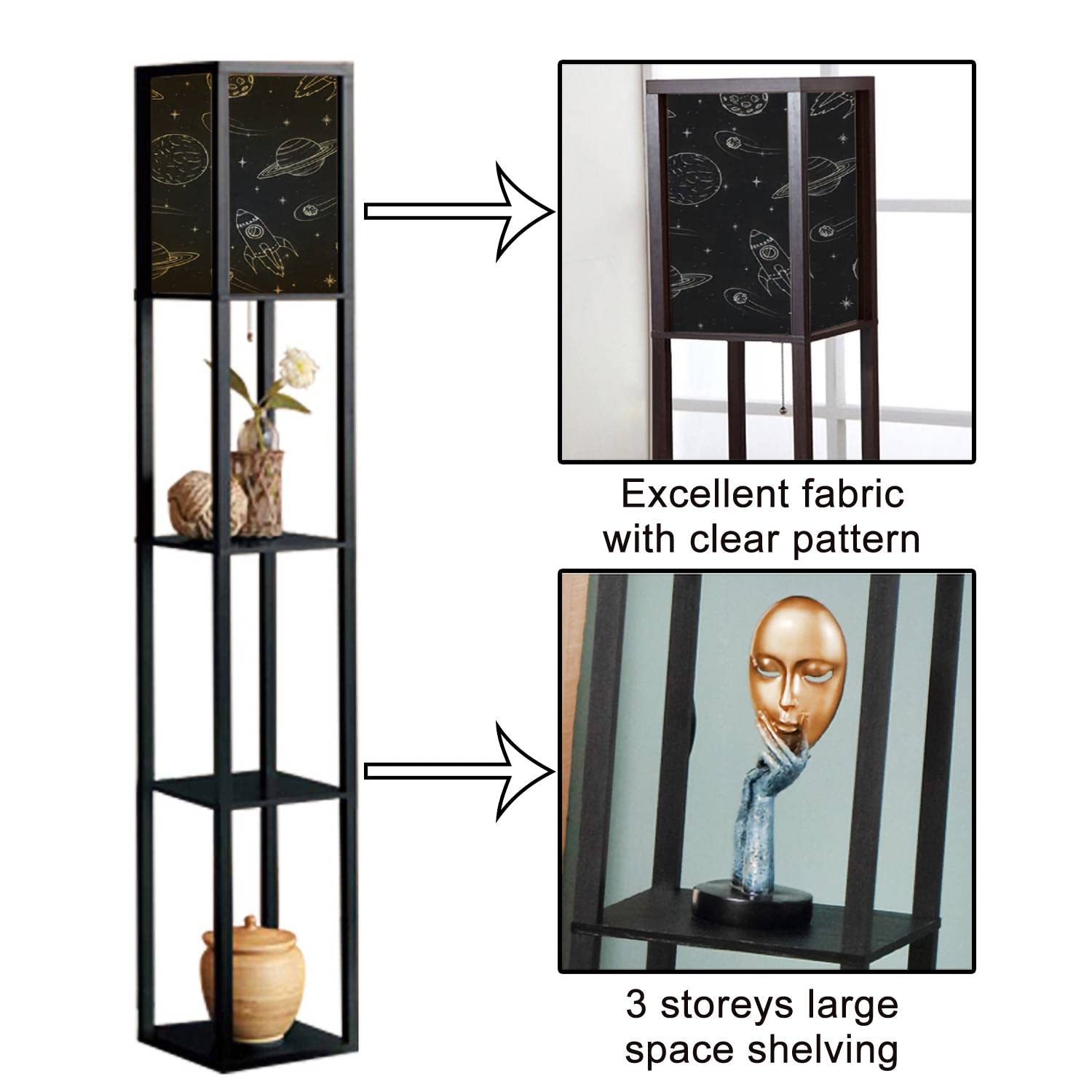 Handmade Seamless Solar System Floor Lamp with Jupiter, Mars, Saturn & Neptune Design - Adjustable Standing Lamp with Shelves & Flaxen Fabric Shade - Tall Corner Lamp for Living Room, Bedroom Decor | Perfect for Astronomy Lovers' Home Office & Reading Nook
