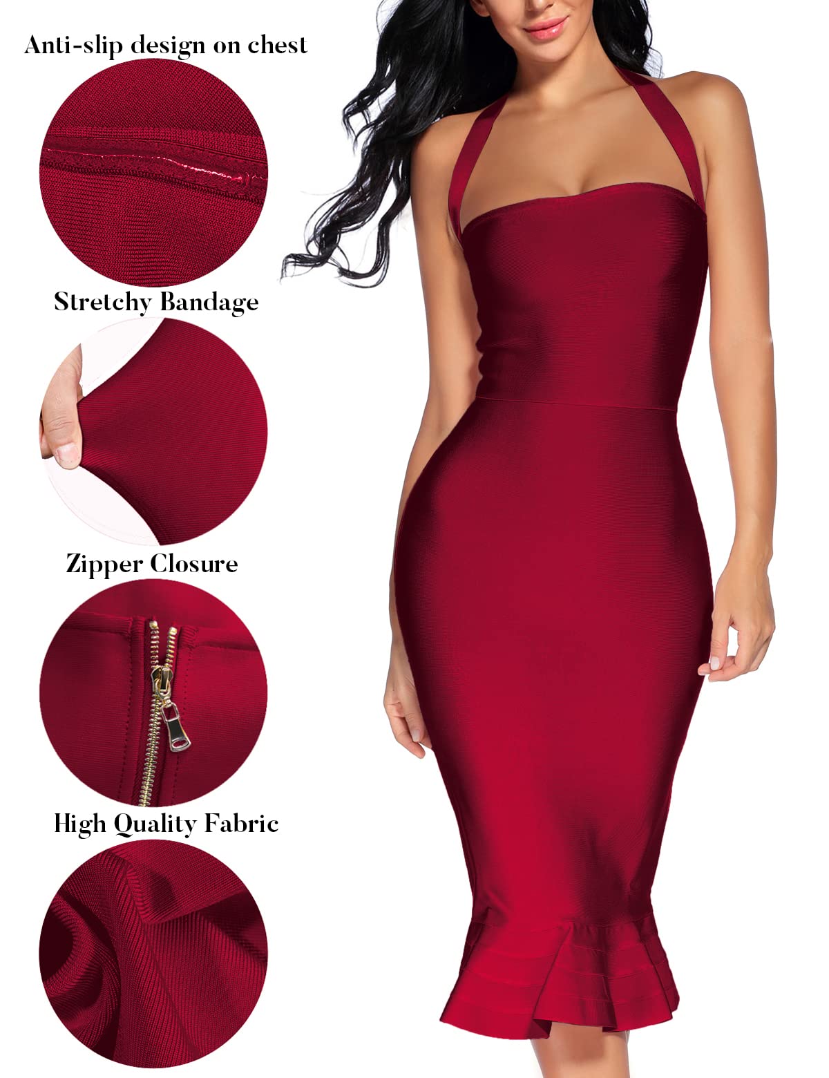 Houstil Women's Sexy V-Neck Halter Fishtail Bandage Bodycon Dress for Club, Party & Night Out - Stretchy Tight Midi Dress for Date Night, Cocktail Events & Special Occasions