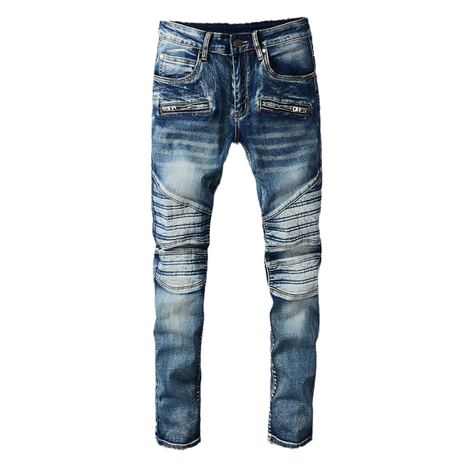 Men's Grey Patchwork Biker Jeans - Stretch Denim Motorcycle Pants with Stacked Fit for Street Style | Riding & Urban Fashion