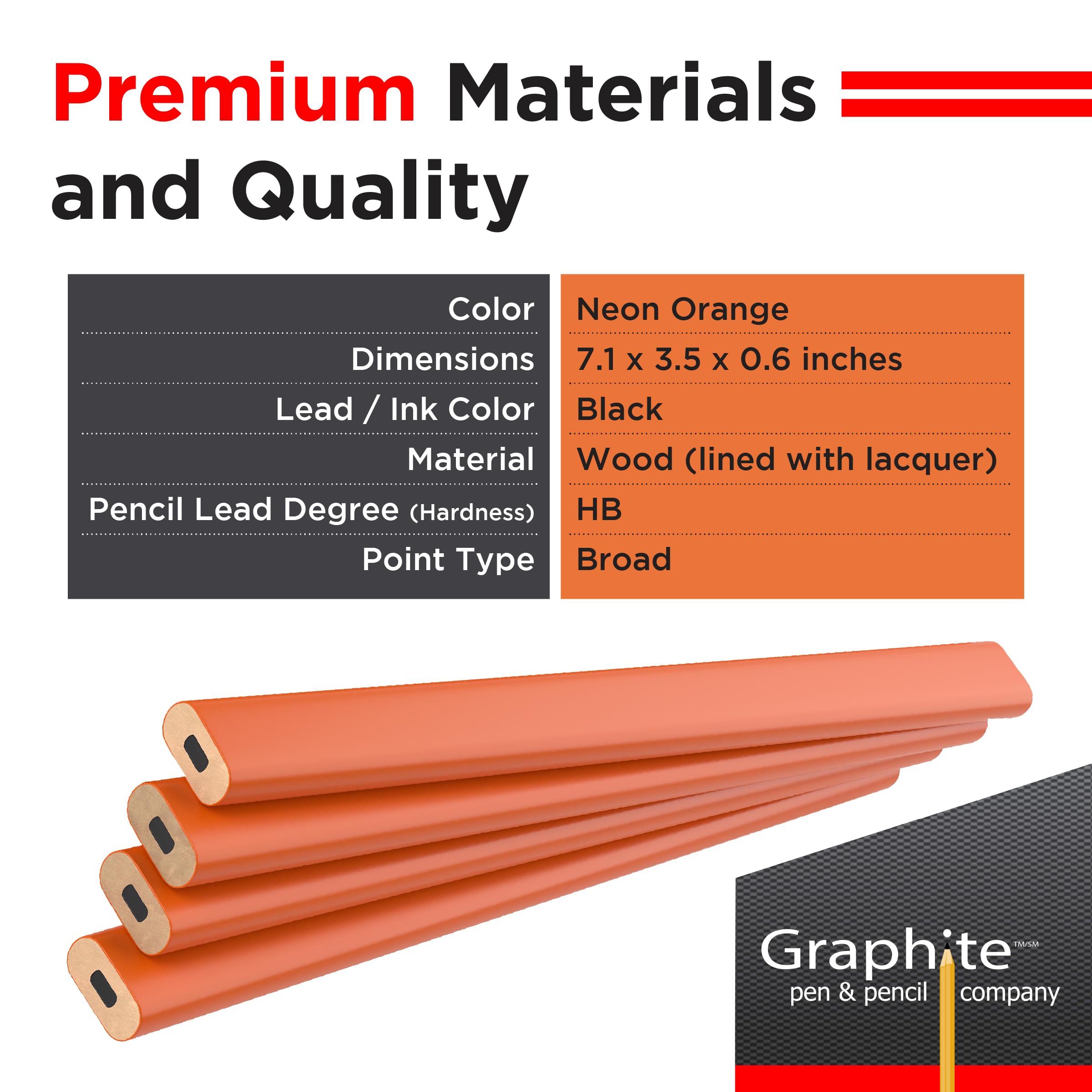GRAPHITE Hard Lead Carpenter Pencils Bulk - 12 Pack of #2 (HB) Wooden Pencils for Lumber Marking - Neon Orange for High Visibility - Perfect for Construction, Woodworking & DIY Projects