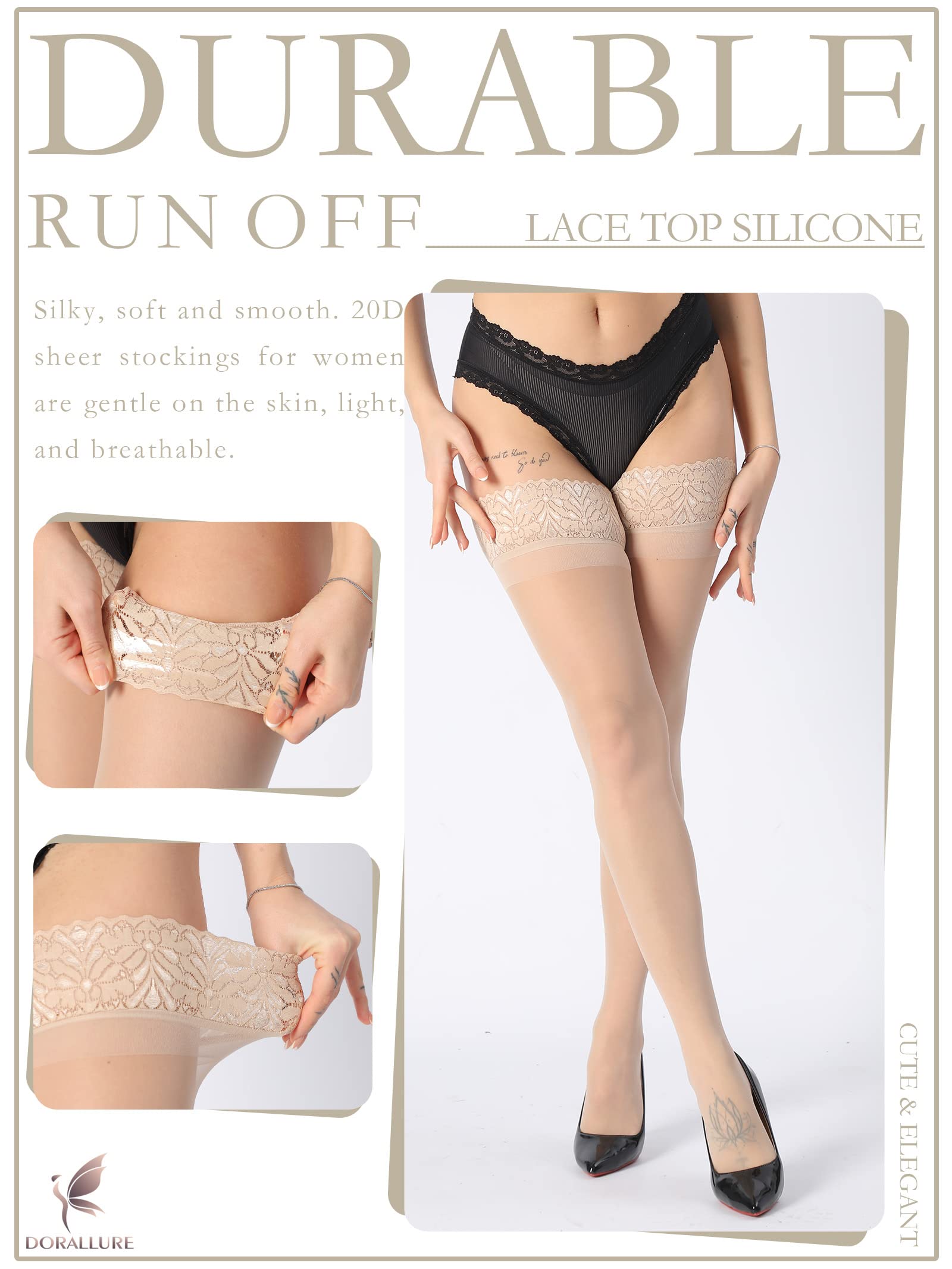 DORALLURE Women's Thigh High Stockings with Silicone Lace Top - Stay Up Silky Semi-Sheer Pantyhose - Nylon Hold Up Stockings for Work, Party & Special Occasions