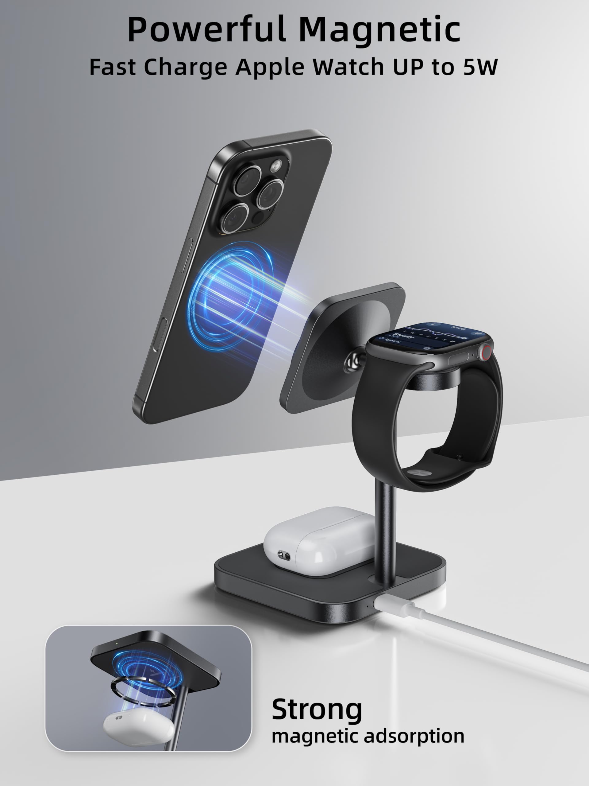 LULULOOK [Qi2 Certified] 3-in-1 Magnetic Wireless Charging Station - 15W Fast Charger Stand for iPhone 16/15/14/13/12, AirPods & Apple Watch with 30W GaN USB-C Adapter | Premium Aluminum Alloy Design | Perfect for Home, Office & Travel Charging