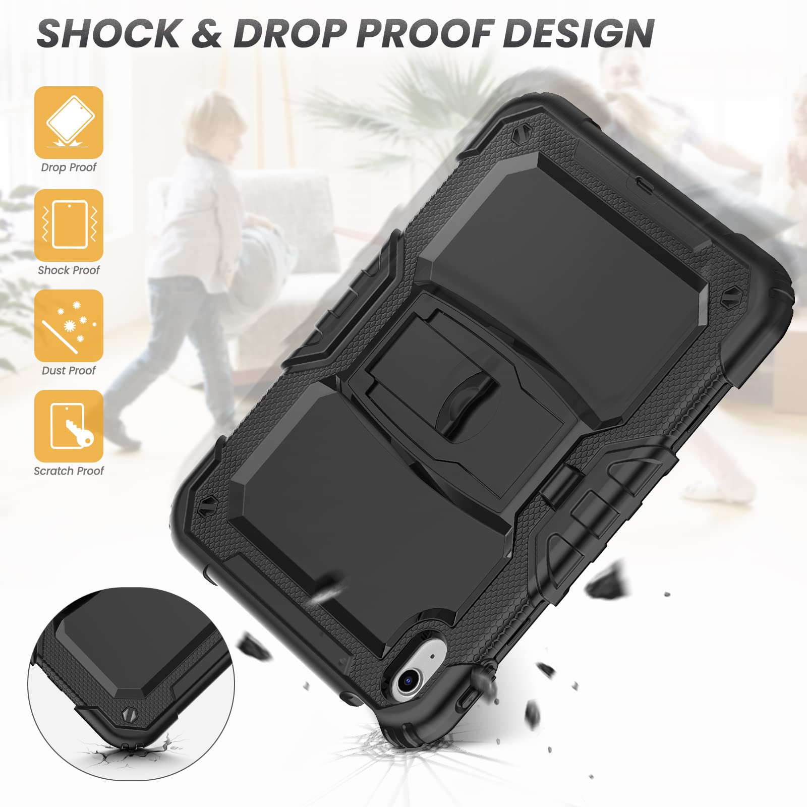 HXCASEAC iPad Case for 11th/10th Generation (2025/2022) 10.9-11 inch - Shockproof Protective Cover with Screen Protector, Pencil Holder & Foldable Stand - Compatible with iPad A2696/A2757/A3354 - Black - Perfect for Work, School & Travel