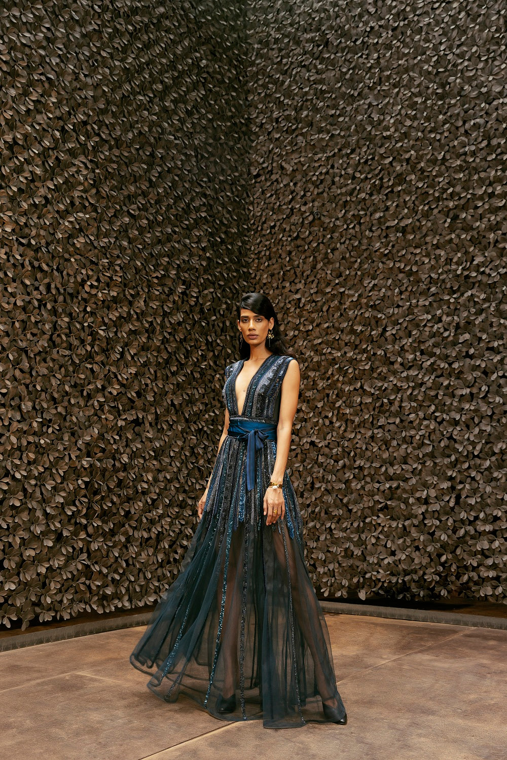 Elegant Midnight Blue Tulle Dress with Hand-Embroidered Baroque Metallic Details & Gemstones - Perfect for Evening Galas, Prom Nights, and Special Occasions