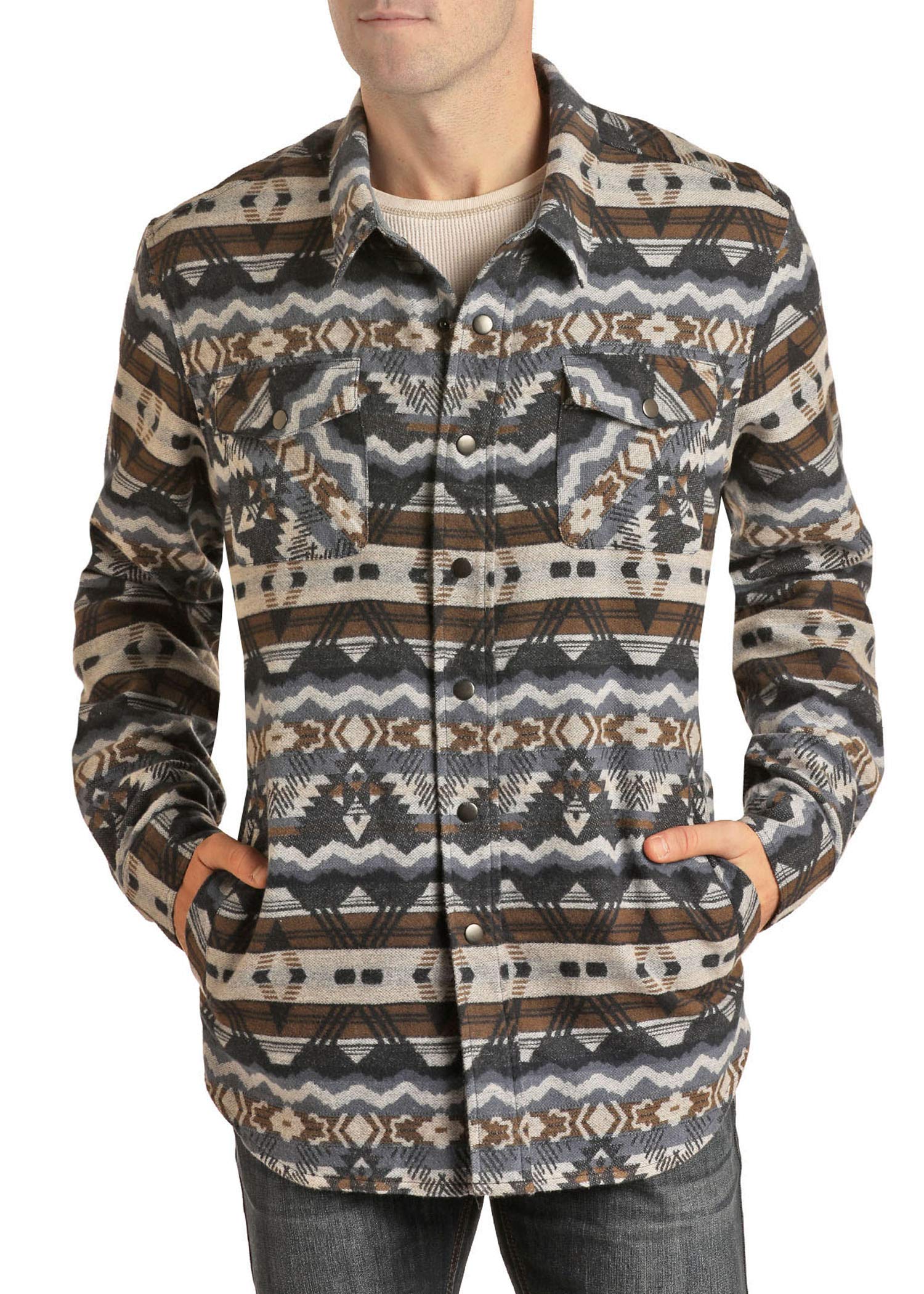 Rock & Roll Denim Jacket for Men - Vintage Indigo Aztec Print Shirt Jacket - Casual Wear & Music Festival Outfit