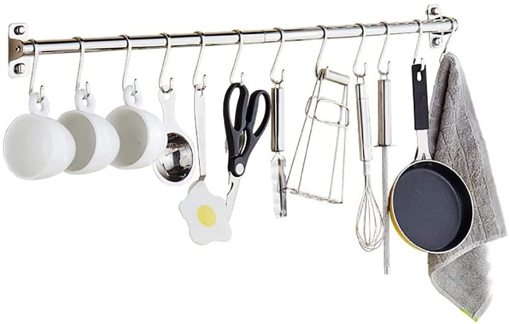 Stainless Steel Wall Mounted Pot and Pan Organizer Rack - 18 Hooks, 100cm Kitchen Utensil Hanger for Pots, Pans & Lids - Space Saving Storage Solution for Small Kitchens, RVs & Camping