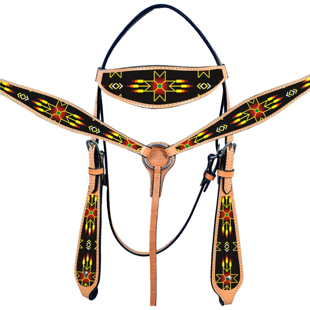 HILASON Western Horse Headstall & Breast Collar Set - Genuine American Leather with Beaded Design | Durable Leather Headstall & Breast Collar | Complete Horse Tack Set for Trail Riding, Rodeo & Ranch Work