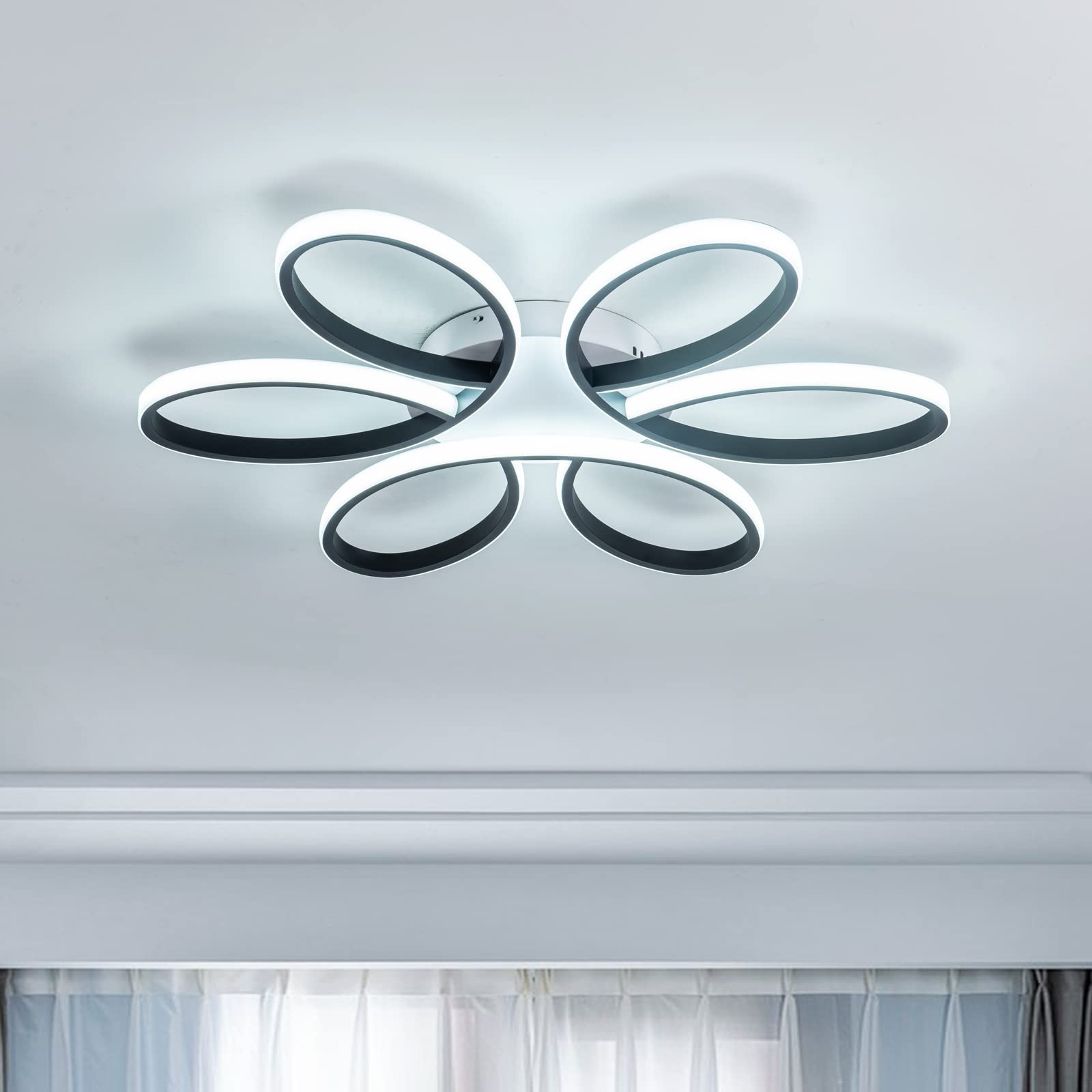 Modern LED Ceiling Light 48W Flush Mount - 27 Inch 6000K Black Flower Design Fixture for Living Room, Dining Room, Bedroom - Perfect for Home, Office & Commercial Spaces