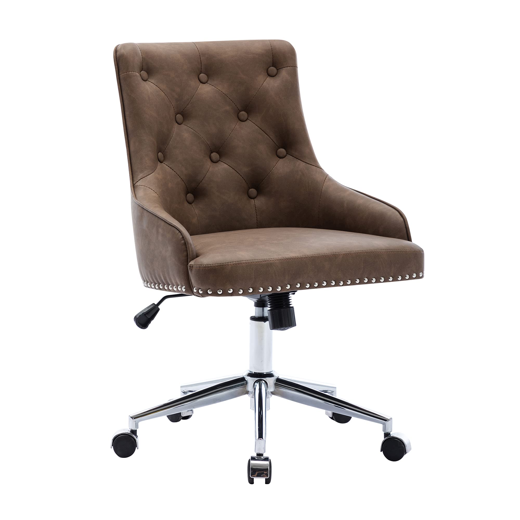 Elegant Brown Leather Swivel Office Chair for Women - Adjustable Tilt Back & Wheels, Modern Y-Type Computer Desk Chair for Home Office, Study, Living Room & Vanity Area | Comfortable Work from Home & Gaming Chair