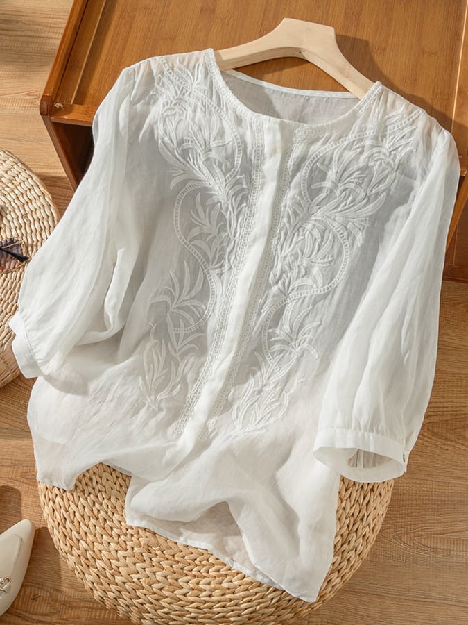 Lovevop Vintage Cotton Embroidered Blouse - Women's Retro Round Neck Casual Shirt for Boho, Spring & Summer Outfits
