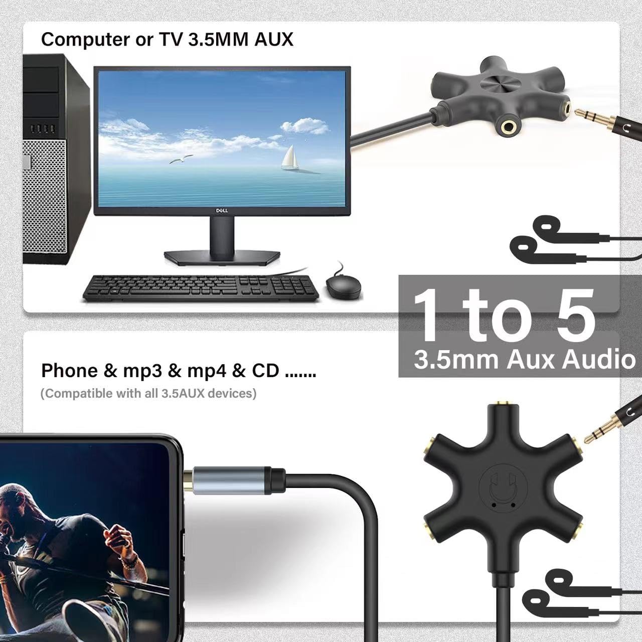 5-Way 3.5mm Headphone Audio Splitter - Multi Device Stereo Headset Adapter for iPhone, iPad, Gaming & Music Sharing - Perfect for Group Listening, Podcasts & Classroom Use
