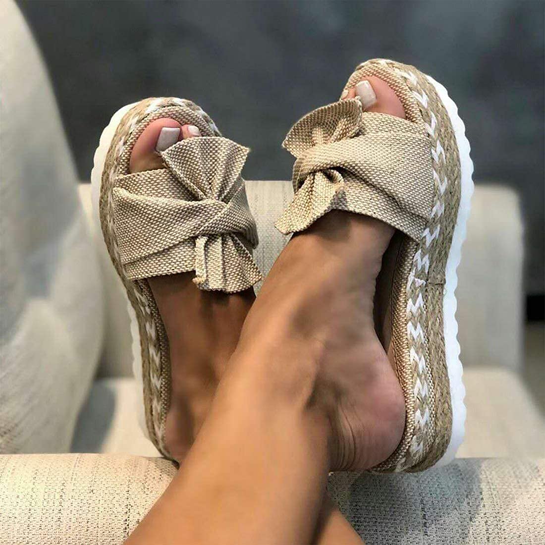 Women's Summer Sandals with Bow Weave - Premium Anti-Slip Beach Flip Flops for Casual Wear | Bohemian Fashion Flat Slides with Thick Sole & Open Toe | Perfect for Beach, Pool, Vacation & Everyday Comfort | Gray, Size 43 (Grey 37 EU)