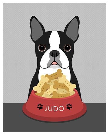 Personalized Name Boston Terrier Dog with Biscuits in Bowl - Custom Pet Portrait Wall Art Print by Lee ArtHaus | Perfect for Dog Lovers, Pet Memorial Gifts & Home Decor