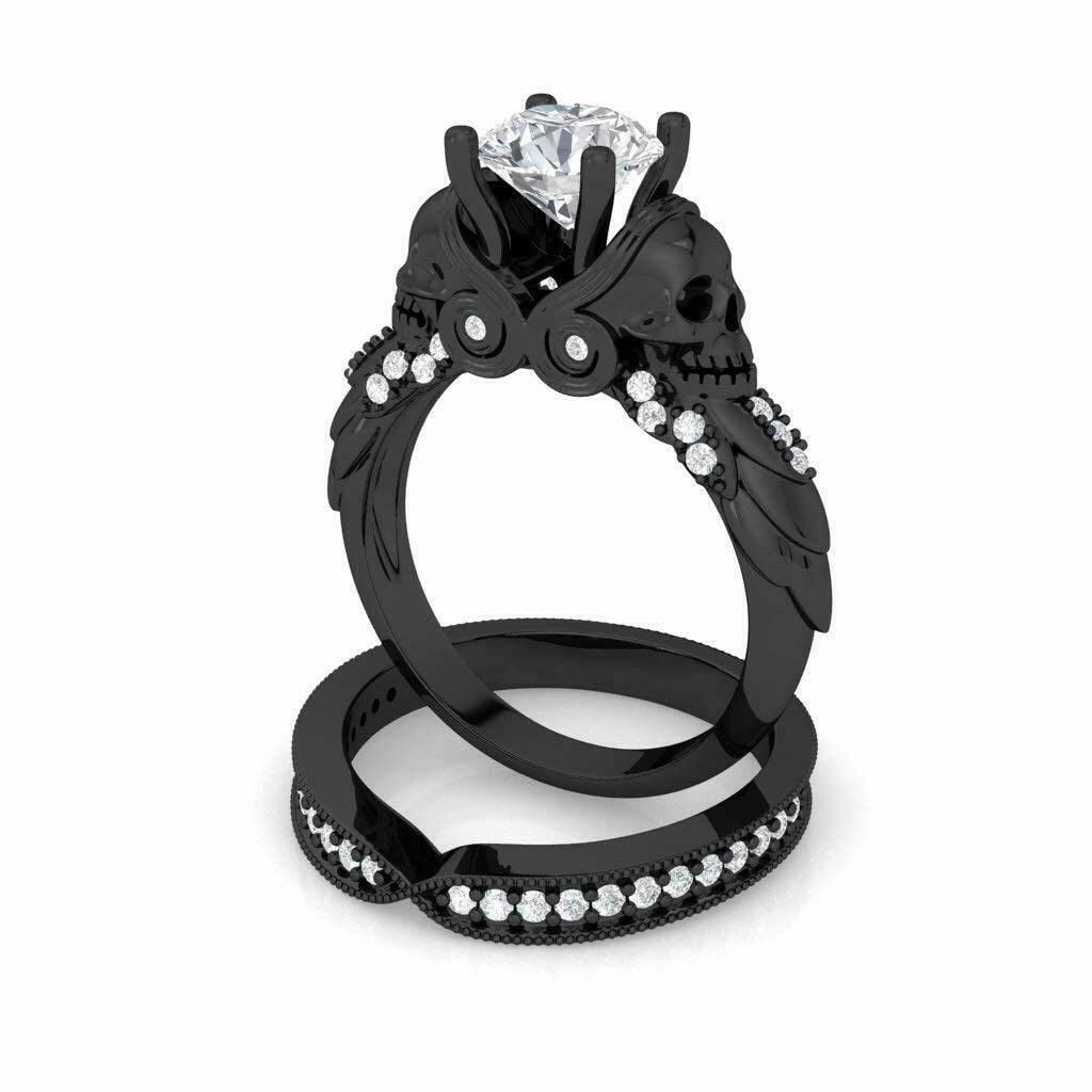 2.45Ct Round Cut White Diamond Two-Faced Skull Engagement & Wedding Ring Set in 935 Argentium Silver - Women's Bridal Jewelry, Valentine's Day Gift, Gothic Wedding Band (Perfect for Alternative Weddings, Dark Romance Proposals & Unique Anniversary Gifts)