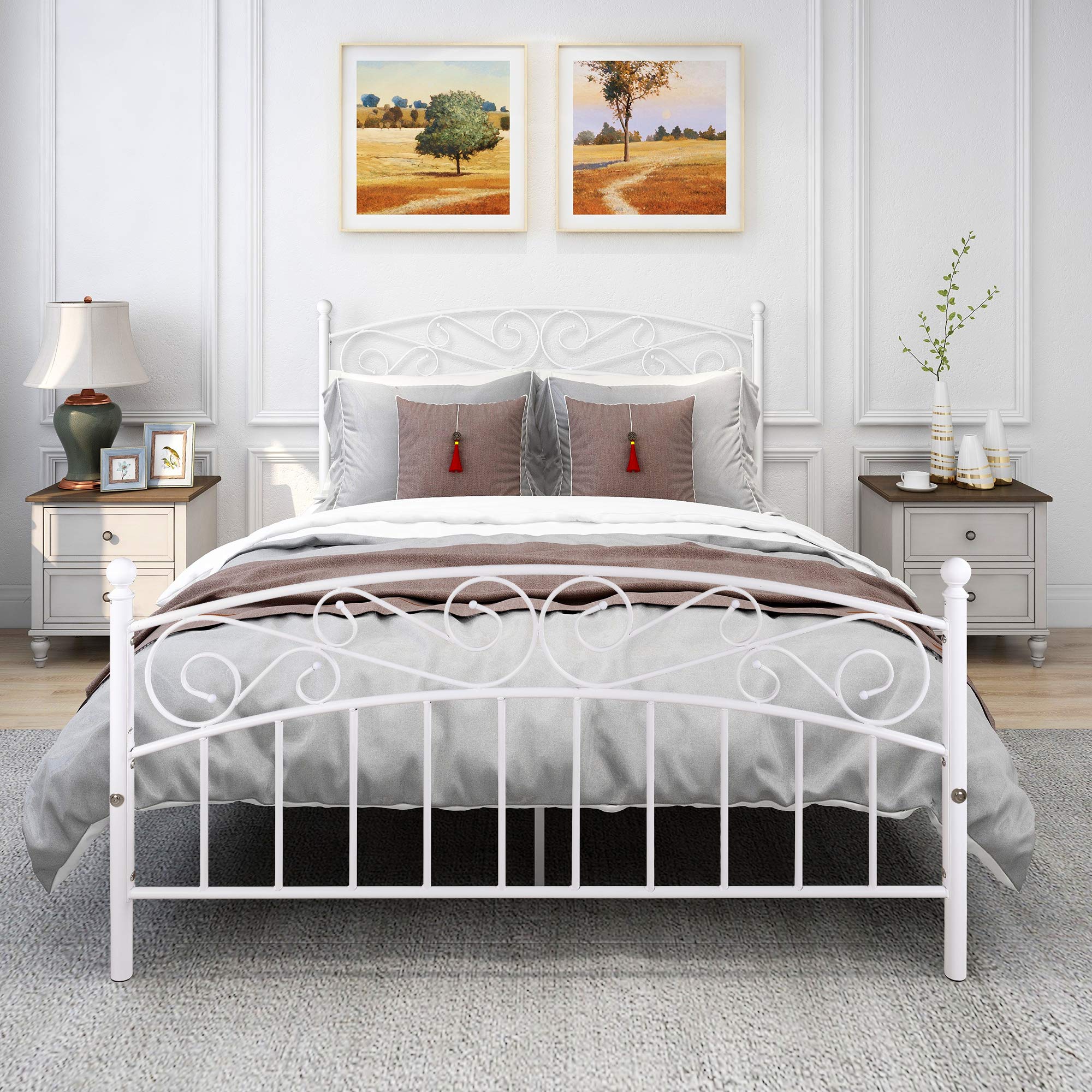 Queen Size Metal Bed Frame with Headboard & Footboard - Vintage Iron Platform Bed for Primary Suite | No Box Spring Needed | White | Perfect for Master Bedrooms, Guest Rooms & Vintage Home Decor