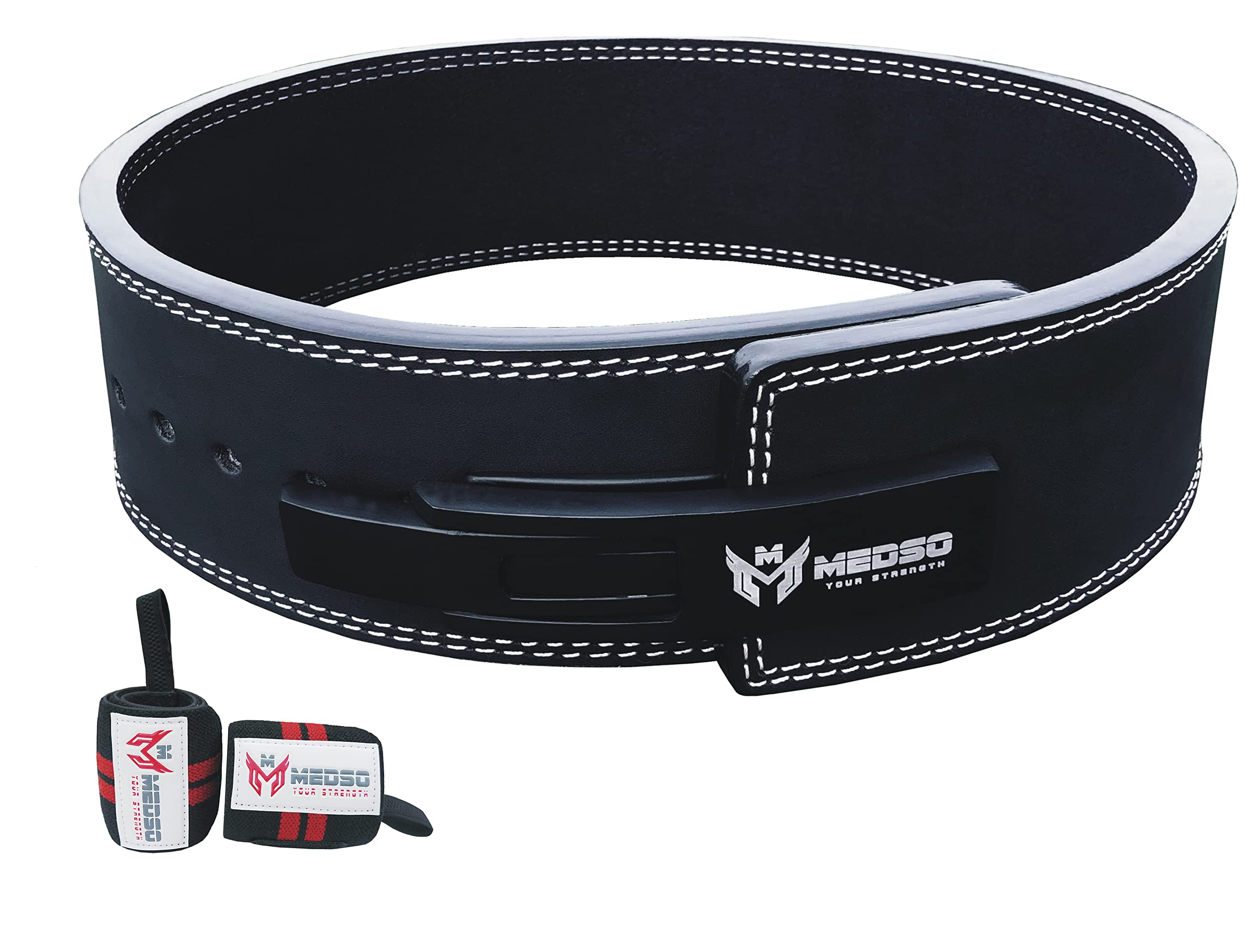 **MEDSO 10MM Thick Genuine Cowhide Leather Weightlifting Belt – Heavy Duty Powerlifting & Bodybuilding Belt for Squats, Deadlifts, CrossFit – Bonus Premium Wrist Wraps Included – Ideal for Gym, Home Workouts & Strength Training**