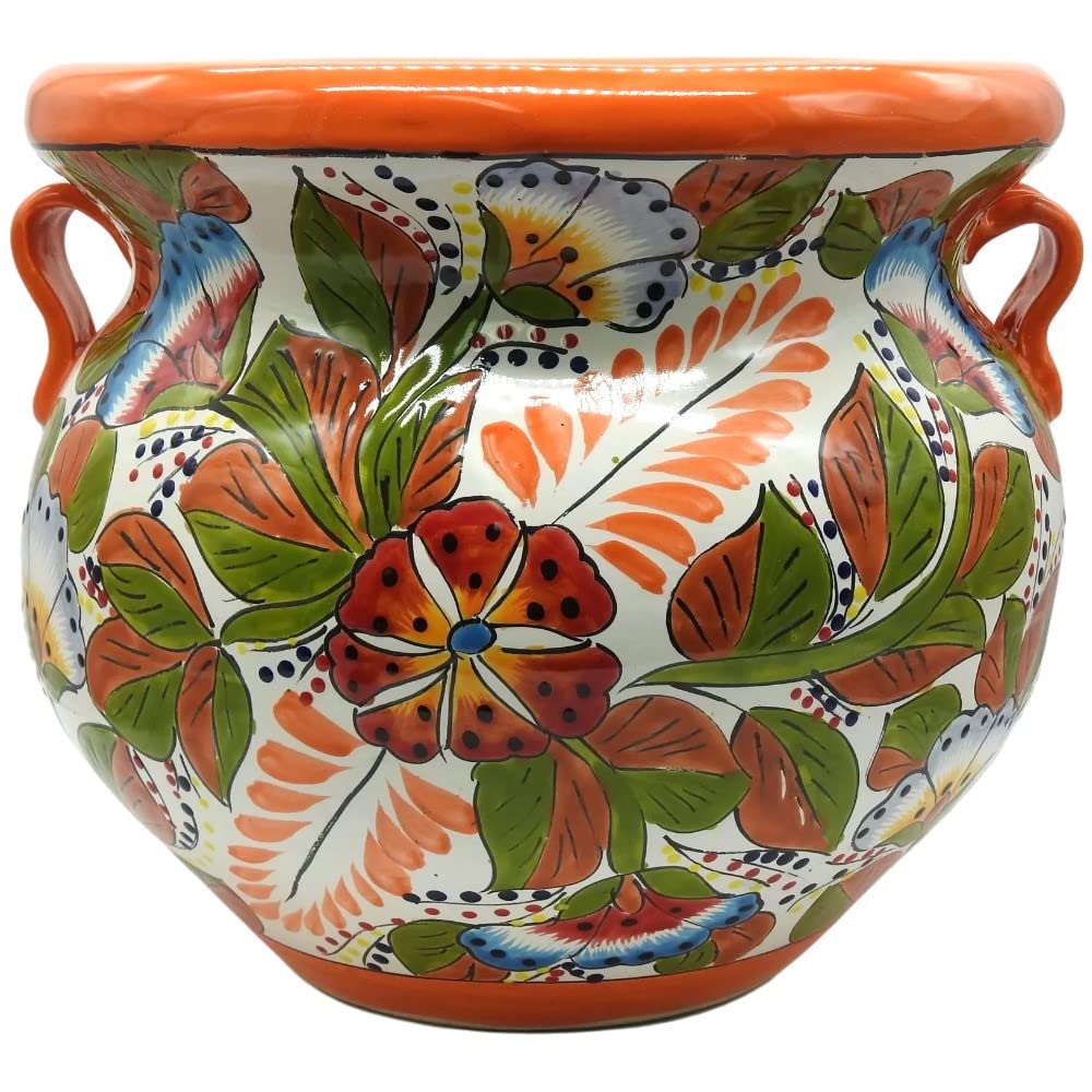 Hand Painted Michoacana Planter - Medium Size Glazed Ceramic Pot for Indoor & Outdoor Plants, Multi-Colored Fall Design - Perfect for Home Decor, Garden, Patio and Office Spaces
