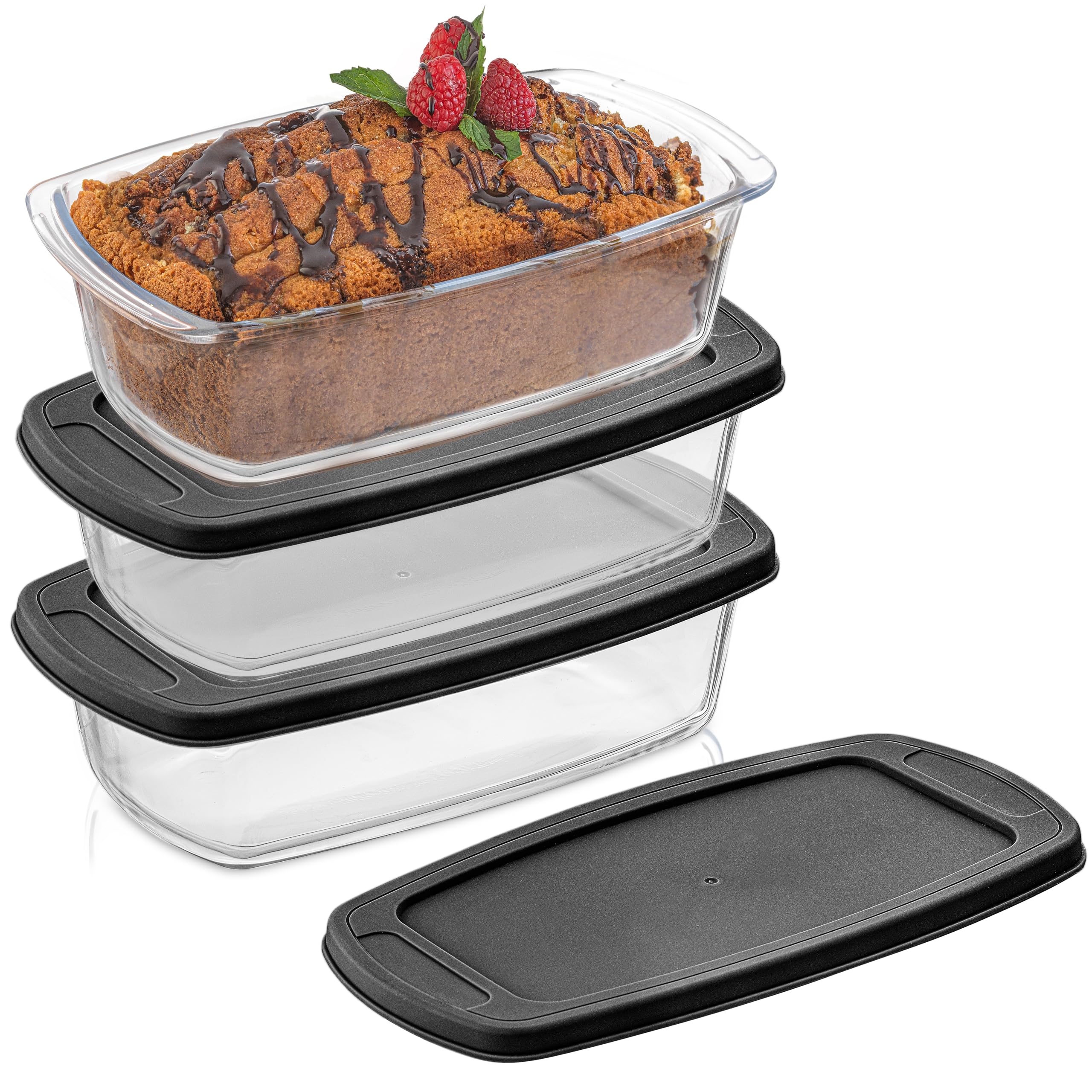 JoyJolt 3-Piece Loaf Pan Set with Lids - 1.9 Quart Large Rectangular Baking Dish for Bread, Banana Bread & Lasagna - Oven Safe & Airtight Bread Storage Container - Perfect for Home Baking, Meal Prep & Food Preservation