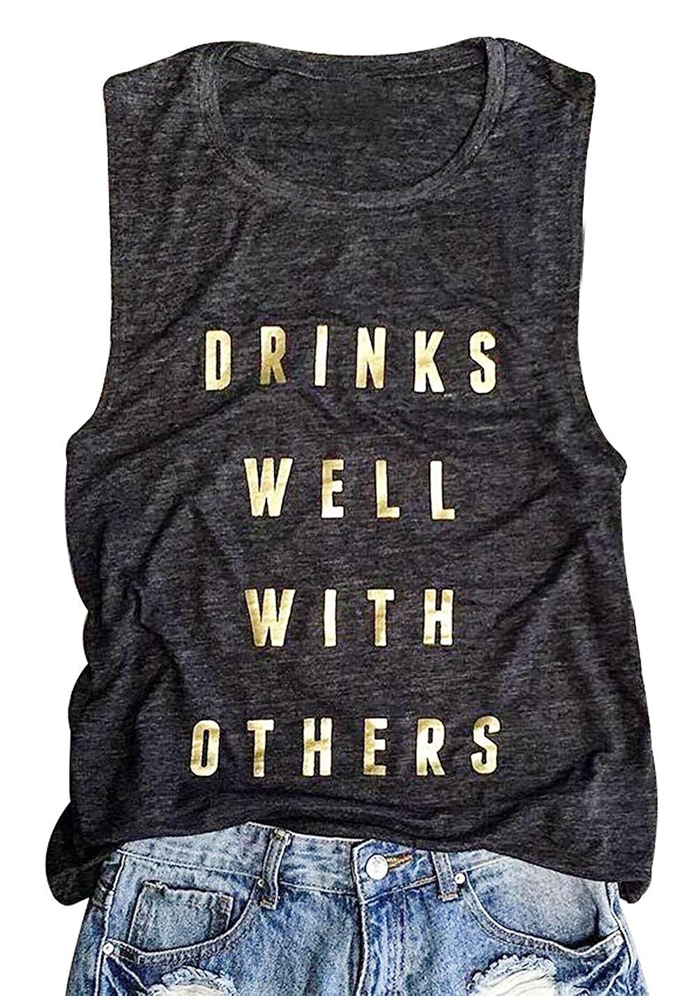 Funny Alcohol Saying Tank Top - Yuan Drinks Well with Others Sleeveless Shirt for Women | Perfect for Parties, Bars, and Casual Outings