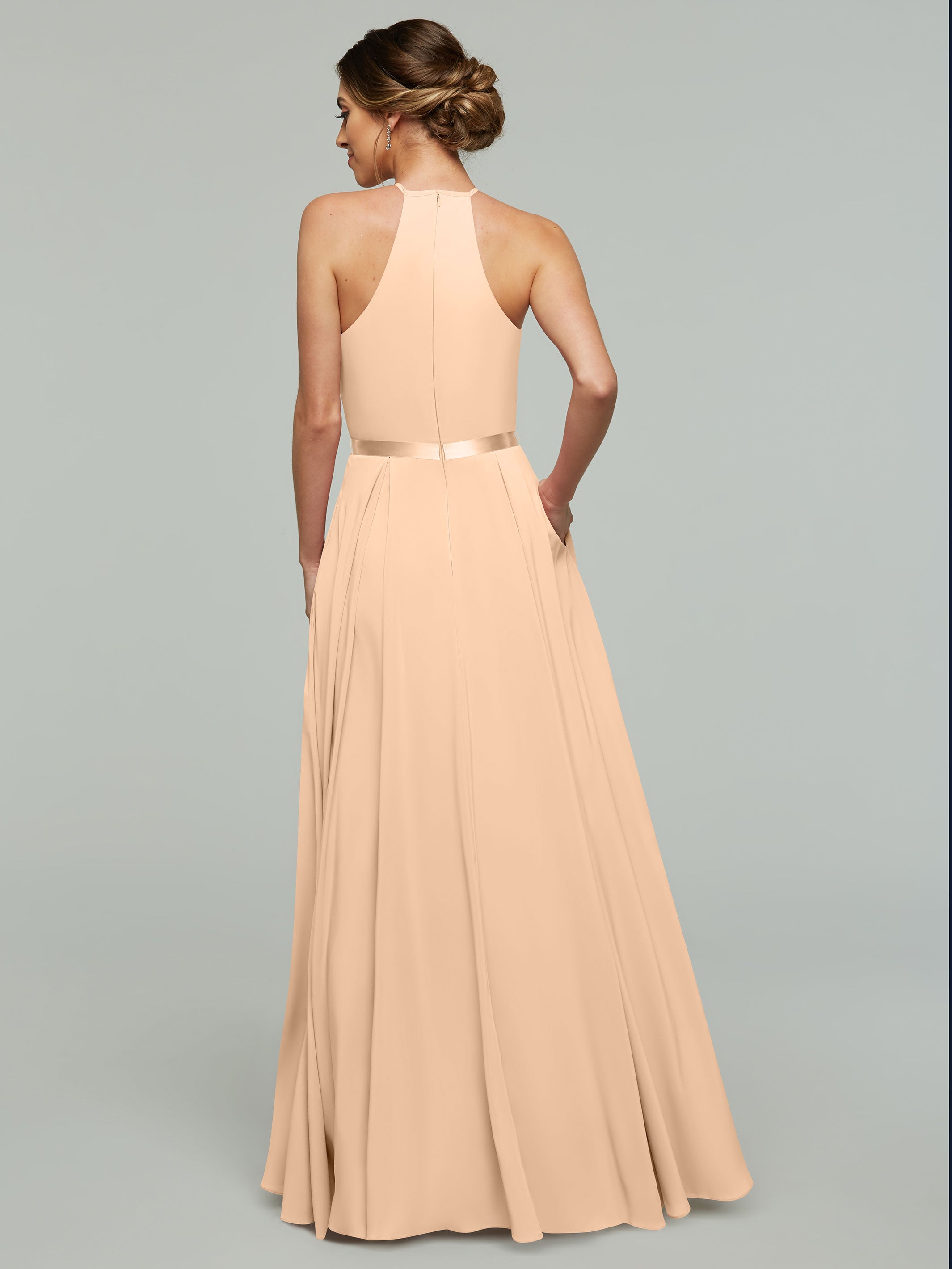 Elegant A-Line Stretch Chiffon Bridesmaid Dress with Halter Neckline & Adjustable Waist Belt - Perfect for Weddings, Formal Events & Special Occasions