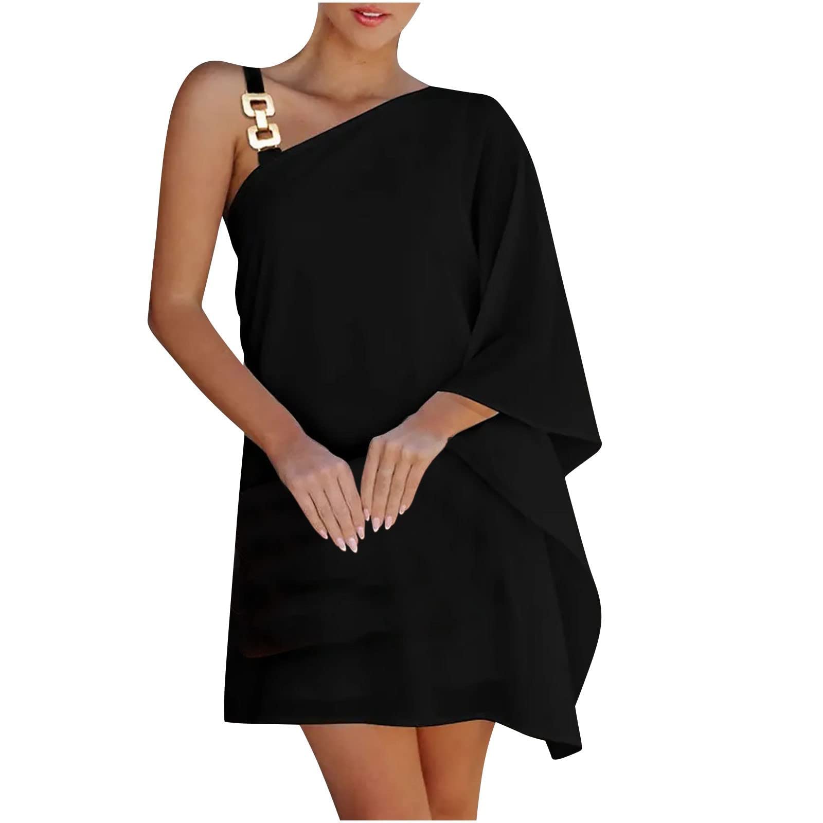 Elegant One Shoulder Dolman Sleeve Mini Dress for Women - Wedding Guest, Evening Party & Formal Occasions | High-End Metal Slip Gown for Special Events, Cocktail Dresses & Night Out Outfits