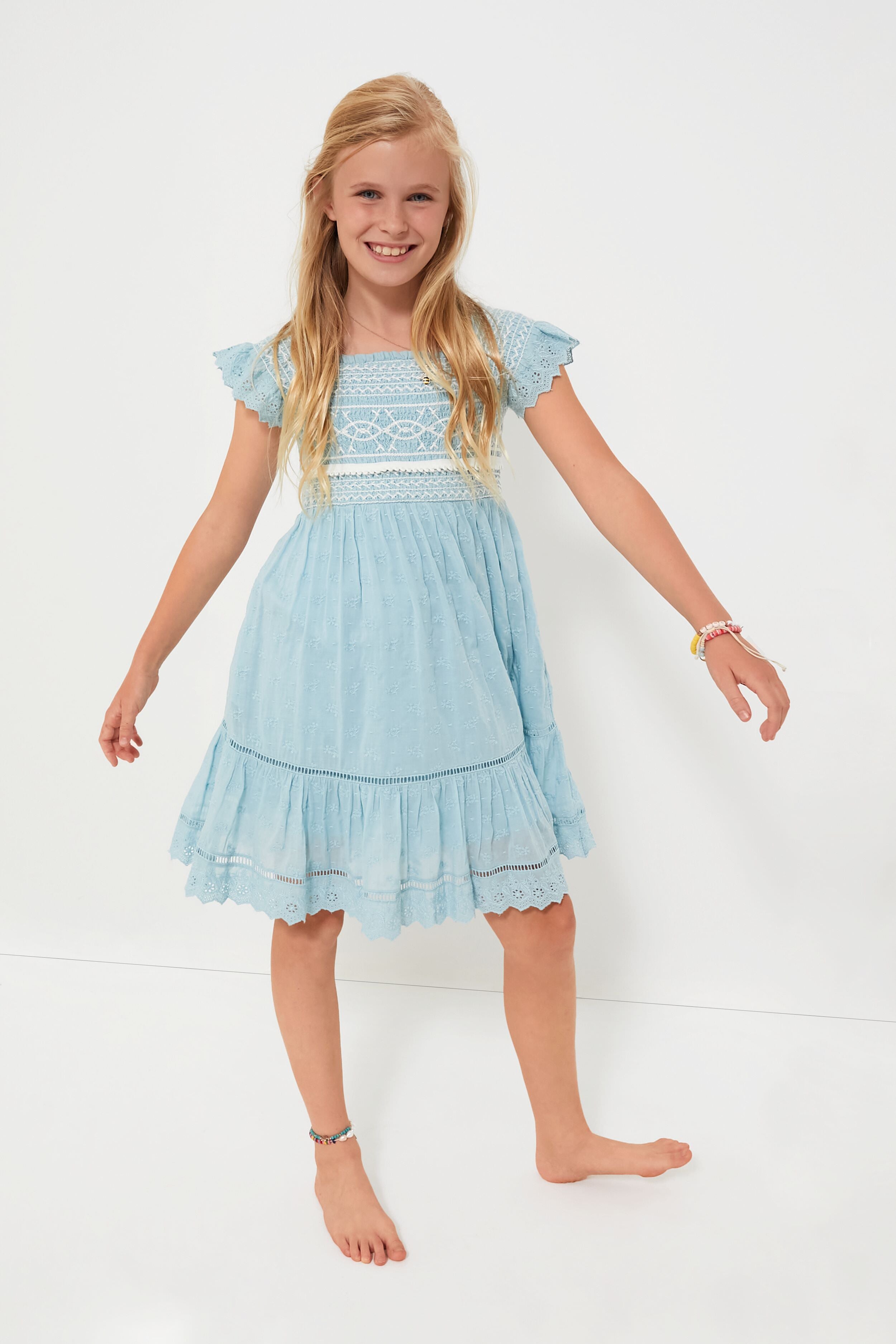 Blue Olga Hand Smocking Short Sleeve Smocked Dress for Women - Elegant Summer Casual Dress for Beach, Party & Vacation Wear
