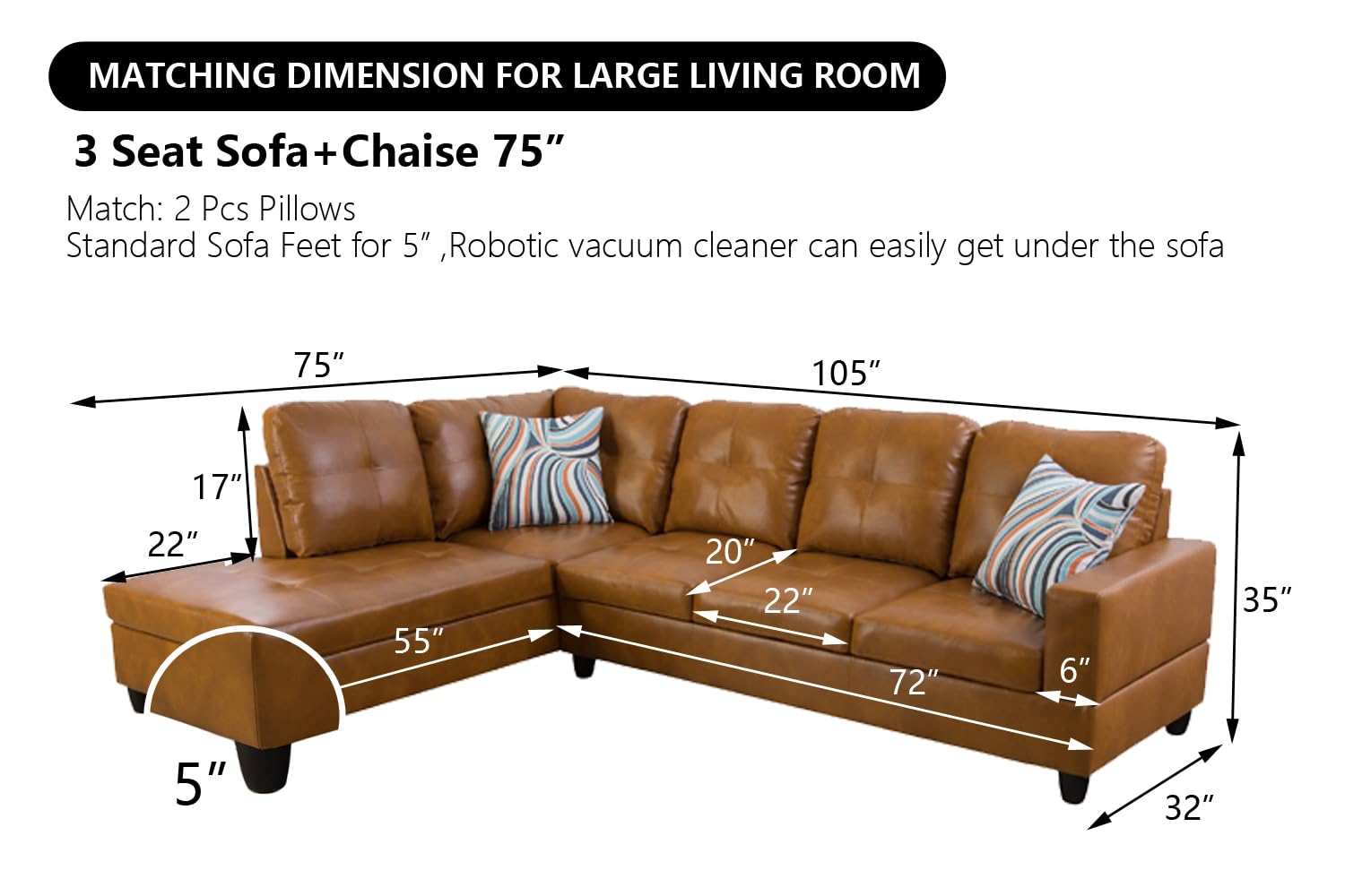 Premium Faux Leather Sectional Sofa Set - L-Shaped Couch with Chaise Lounge for Living Room (Ginger, Left-Facing) | Modern Home Furniture for Family Gatherings & Entertainment Spaces