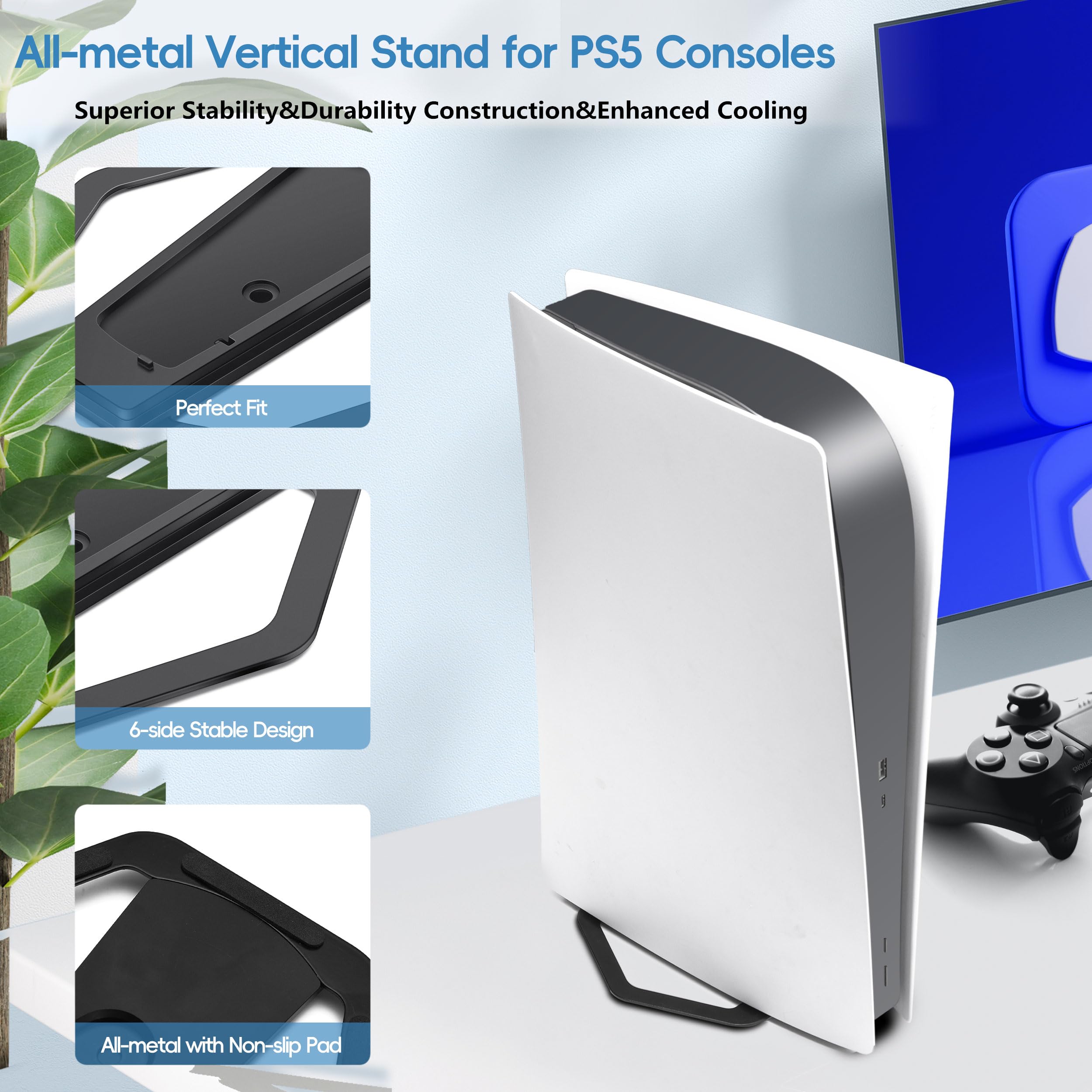 Premium All-Metal Vertical Stand for PS5 Slim & PS5 Consoles - Secure Gaming Display Stand with Non-Slip Base for Living Room & Game Room Setup