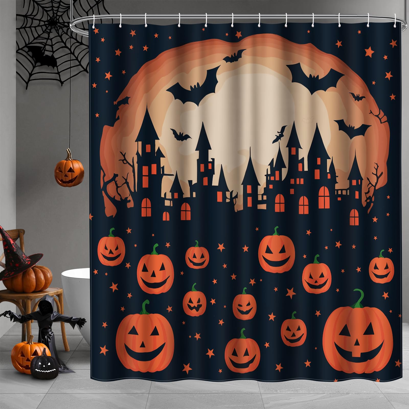 Halloween Pumpkin Shower Curtain Set - 72x72 Inch Skeleton & Skull Jack-O-Lantern Design - Waterproof Bathroom Decor for Bathtub or Shower - Perfect for Halloween Party, Spooky Bathroom Makeover & Seasonal Home Decoration