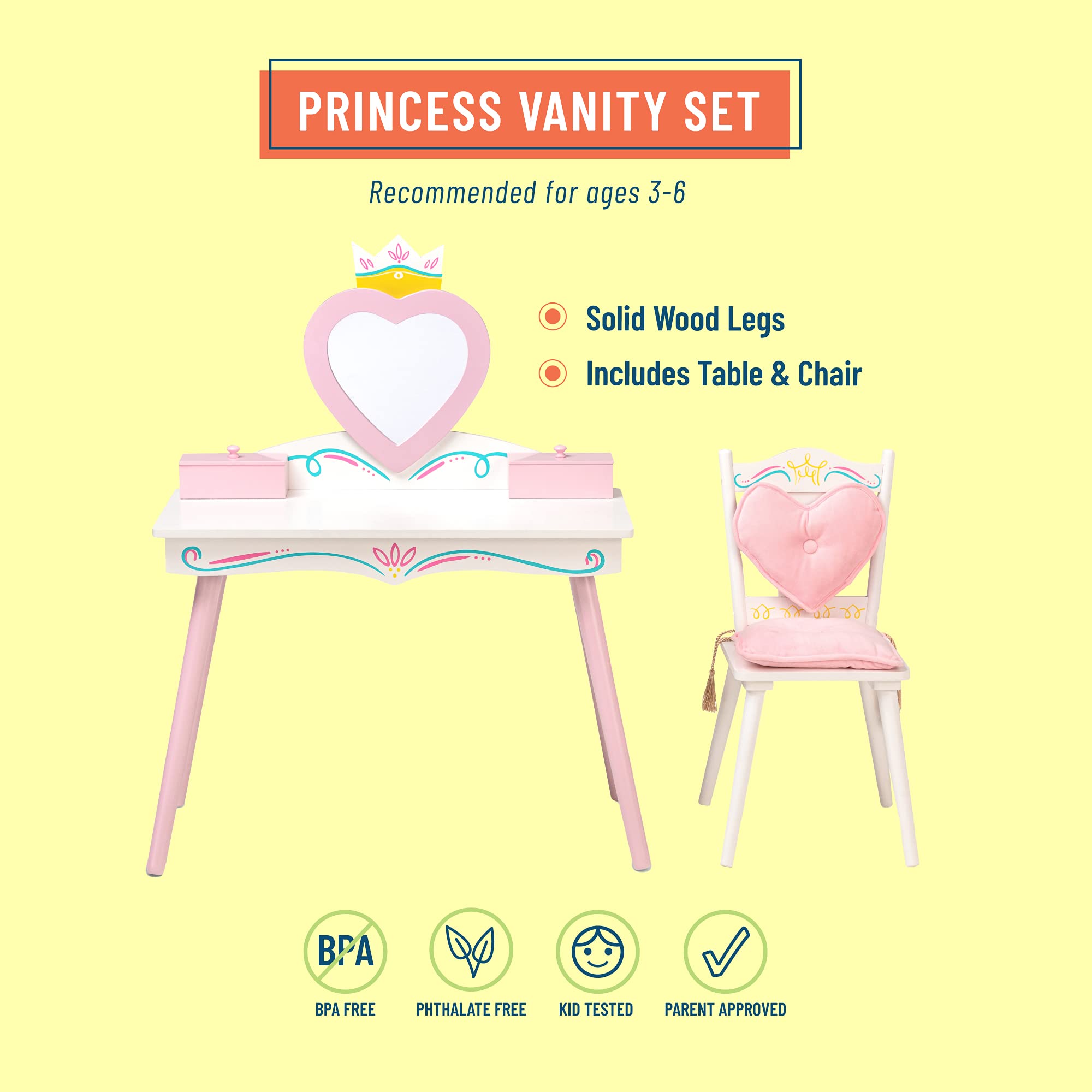 Wildkin Kids Princess Wooden Vanity and Chair Set for Girls - White Vanity with Mirror, Jewelry Box & Music Box, Includes Matching Chair with Removable Cushion - Perfect for Bedroom Decor, Pretend Play & Gift for Toddlers