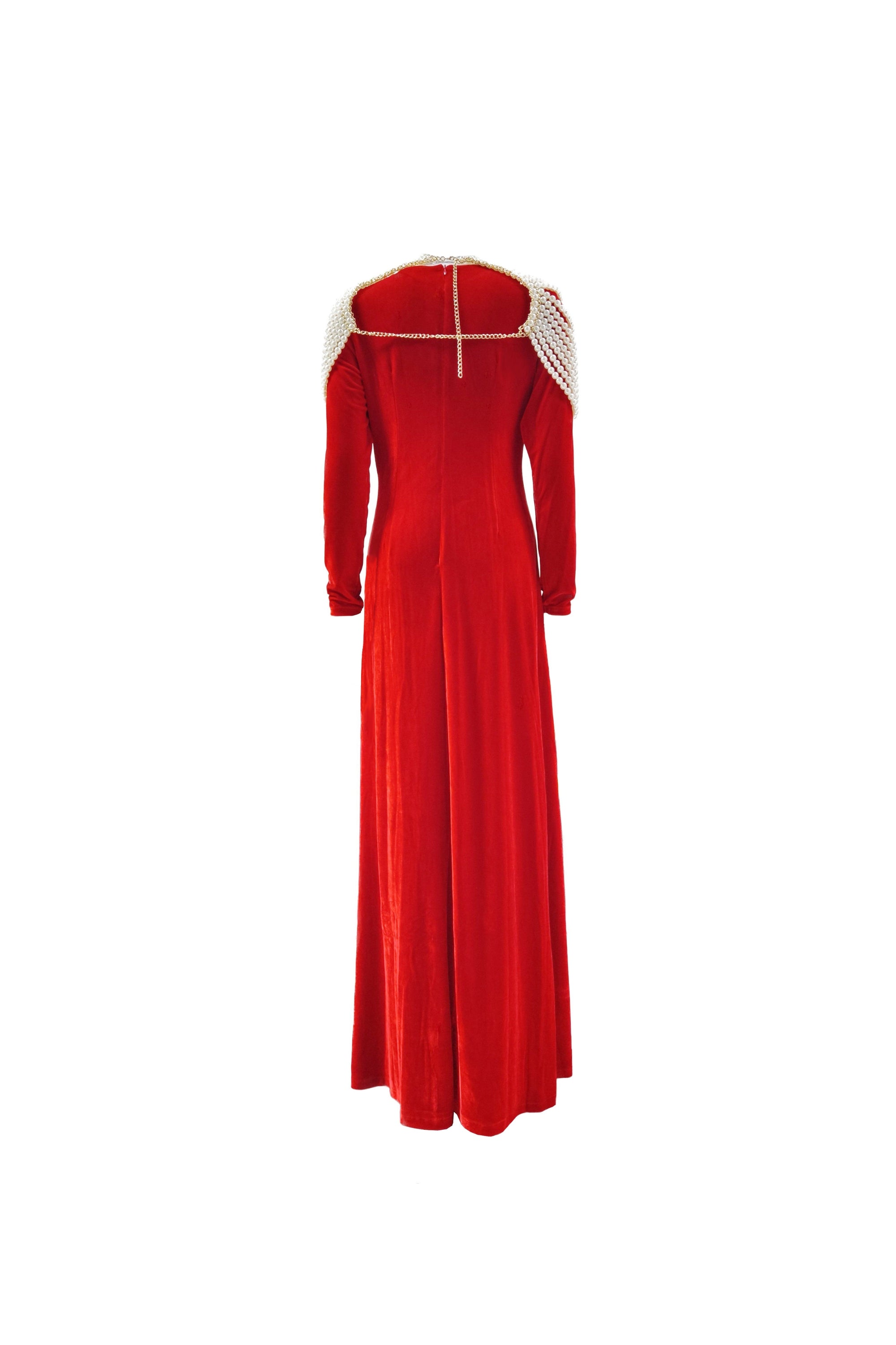 AALIYAH Pearl Embellished Velvet Maxi Dress in Red - Elegant Evening Gown for Parties, Weddings & Special Occasions