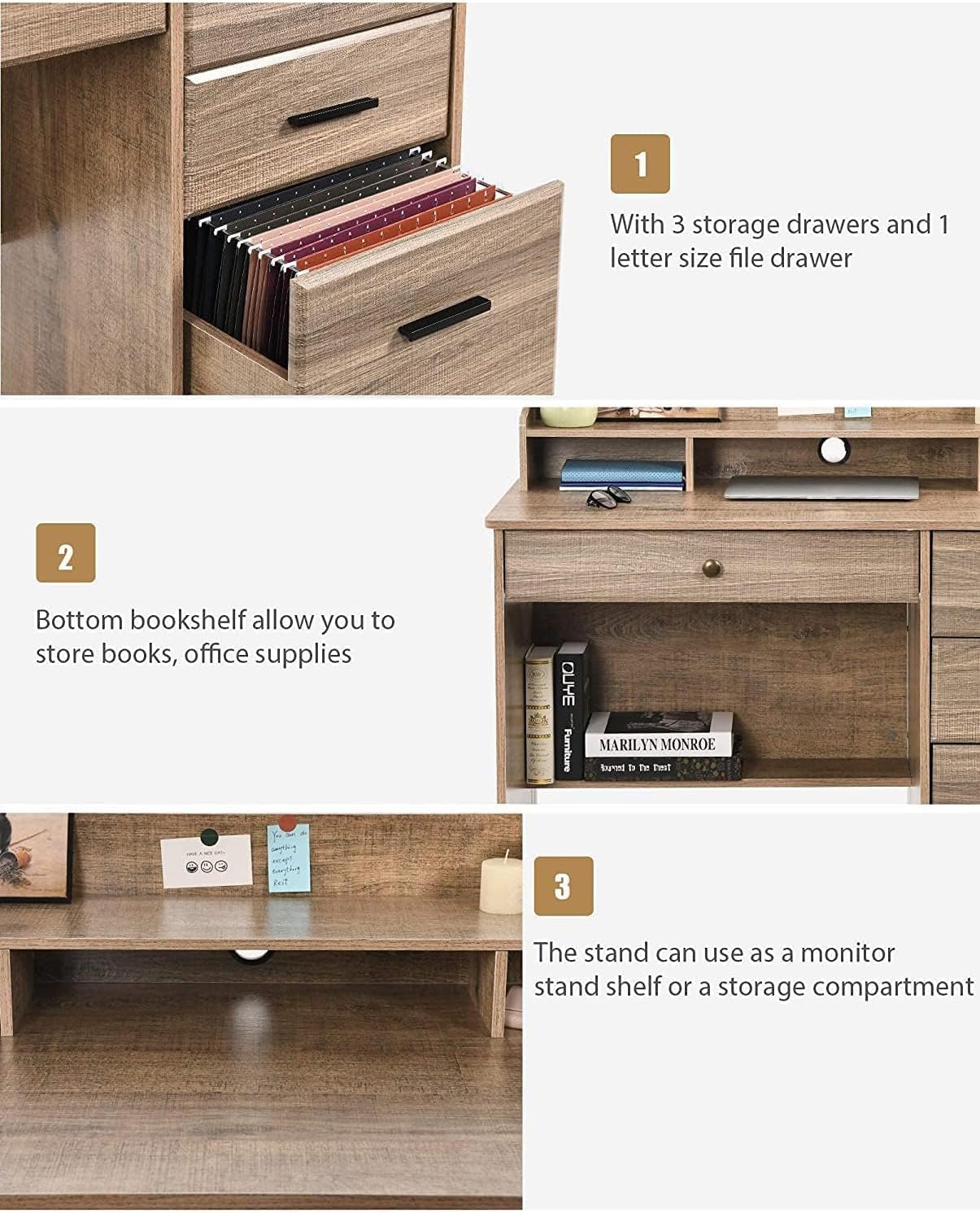 Modern Farmhouse Computer Desk with 4 Drawers & Hutch - Small Office Desk with File Storage, Wooden Writing Table for Home Office, Study & Bedroom - Perfect for Remote Work, Online Learning & Small Space Organization (Grey)