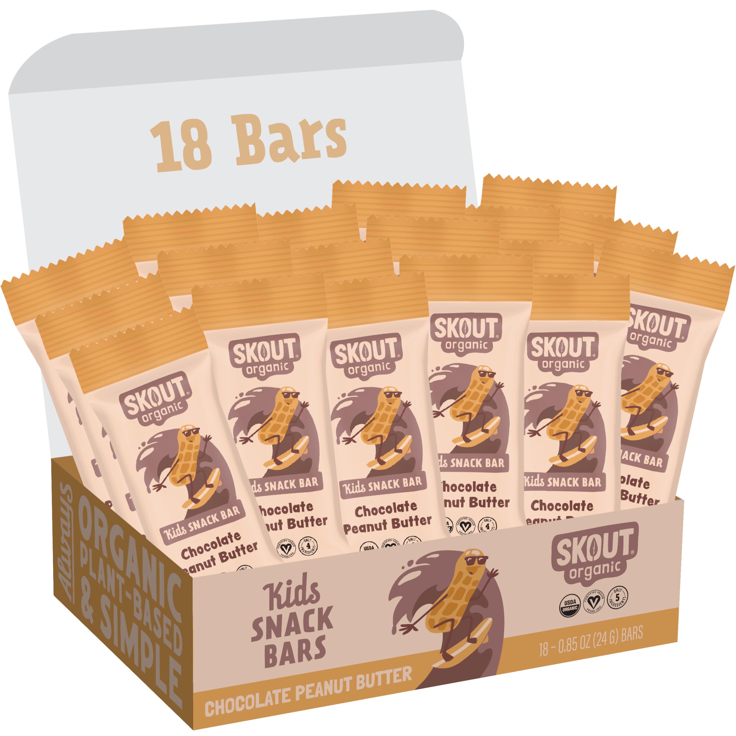 Organic Chocolate Peanut Butter Kids Snack Bars (18 Pack) - Healthy Vegan Paleo School Lunch Snacks - Gluten Free, Dairy Free, No Refined Sugar - Perfect for Lunchboxes, After-School Treats & On-the-Go Nutrition