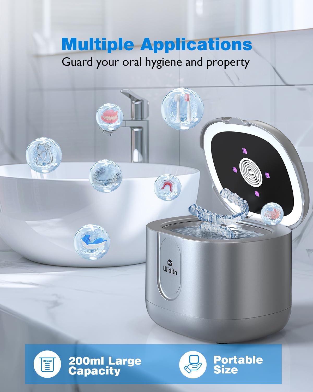 Widit Ultrasonic Retainer Cleaner with UV Light & Drying Function, 46kHz Sonic Cleaning Machine - 4 Modes & Digital Timer for Dentures, Mouth Guards, Braces, Aligners, Jewelry - Perfect for Daily Dental Care & Jewelry Cleaning at Home
