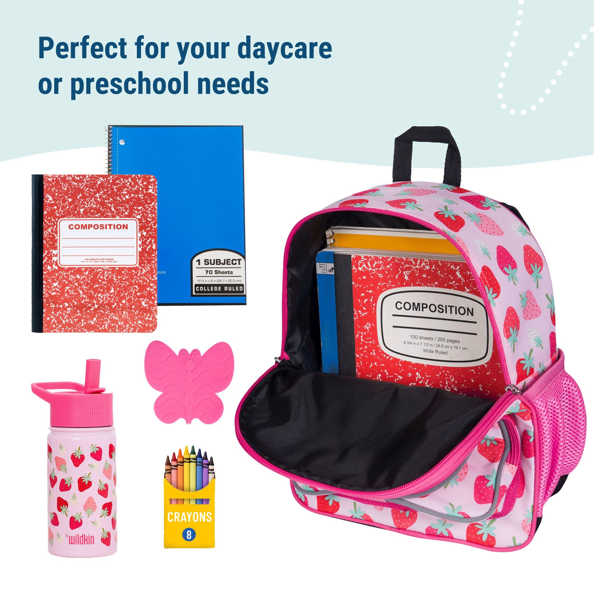 Wildkin 12-inch Kids Backpack for Boys & Girls - Padded Adjustable Shoulder Straps, Lightweight School Bag for Daycare, Preschool & Travel - Durable Strawberry Patch Design - Perfect for School, Outings & Daily Use