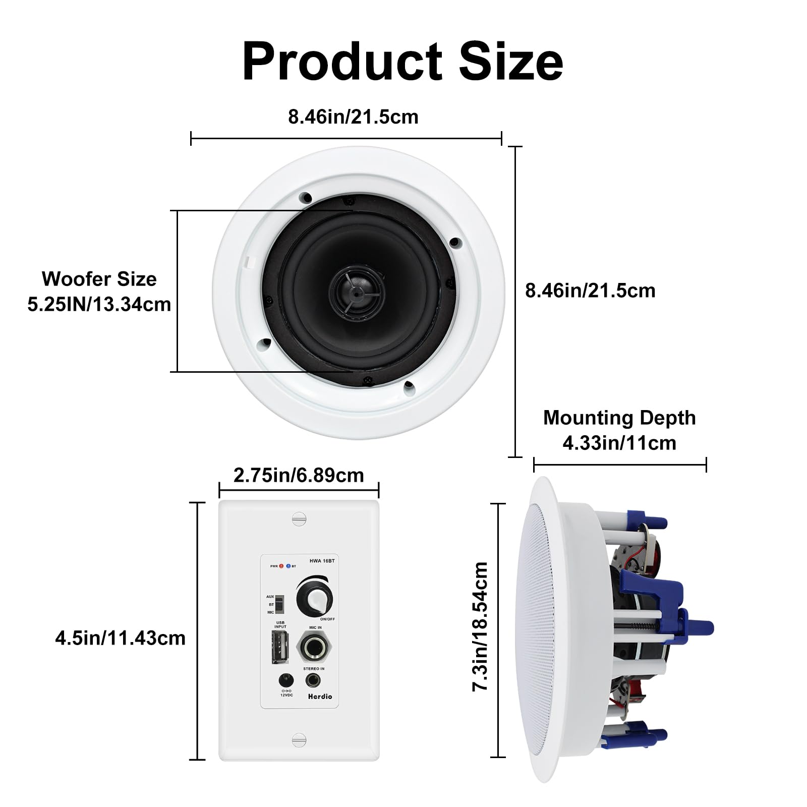 Herdio 5.25 Inch Bluetooth Ceiling Speakers - 600W Max Power, 2-Way Flush Mount & Wall Mount - Compatible with Amplifier Receiver - Perfect for Home Theater, Bathroom, Living Room, Kitchen, Office (Set of 4 Speakers) - Enjoy Wireless Music Streaming for Parties, Background Music & Multi-Room Audio