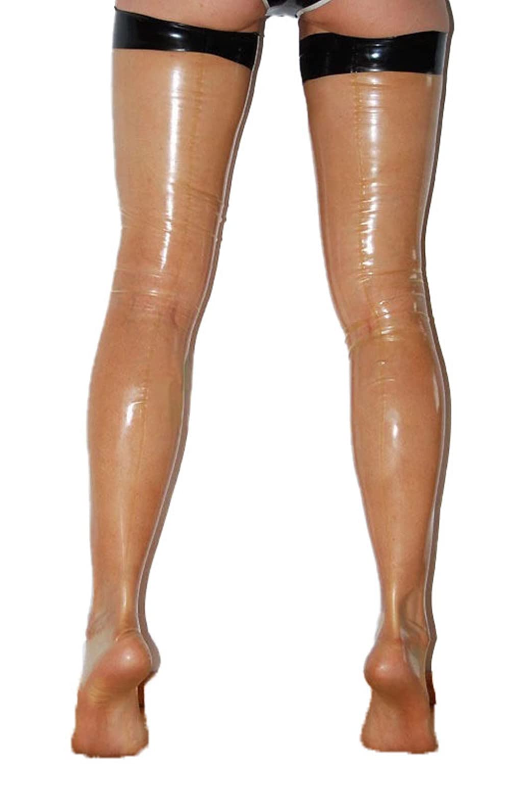 Sexy Sheer Latex Thigh High Stockings with Black Trim - Fetish, Dance, Cosplay & Role Play Accessories for Women | Perfect for Halloween, Burlesque & Sensual Nights