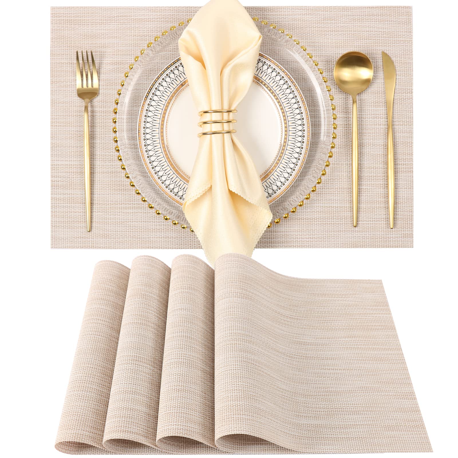 YOSICHY Set of 4 Woven Vinyl Placemats - Washable, Heat & Stain Resistant, Non-Slip PVC Kitchen Table Mats for Dining Room, Home Decor (Beige) - Perfect for Everyday Meals, Dinner Parties & Holiday Gatherings