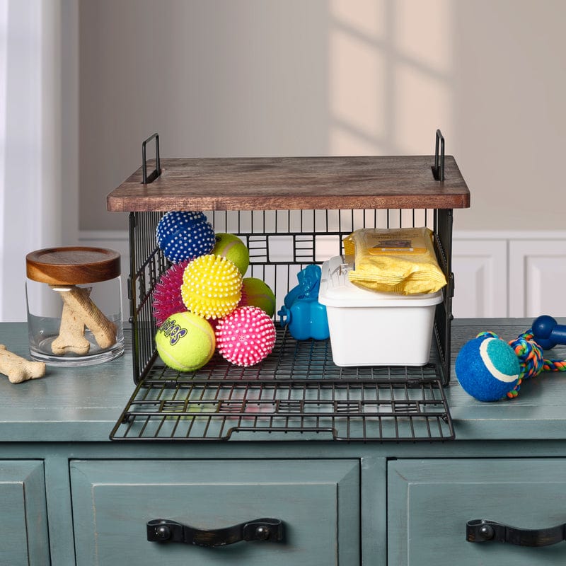 Madam Grid Stacking & Nesting Basket with Mango Wood Lid - Organize Pantry, Bathroom, or Office Supplies - Stylish Storage Solution for Home Decor