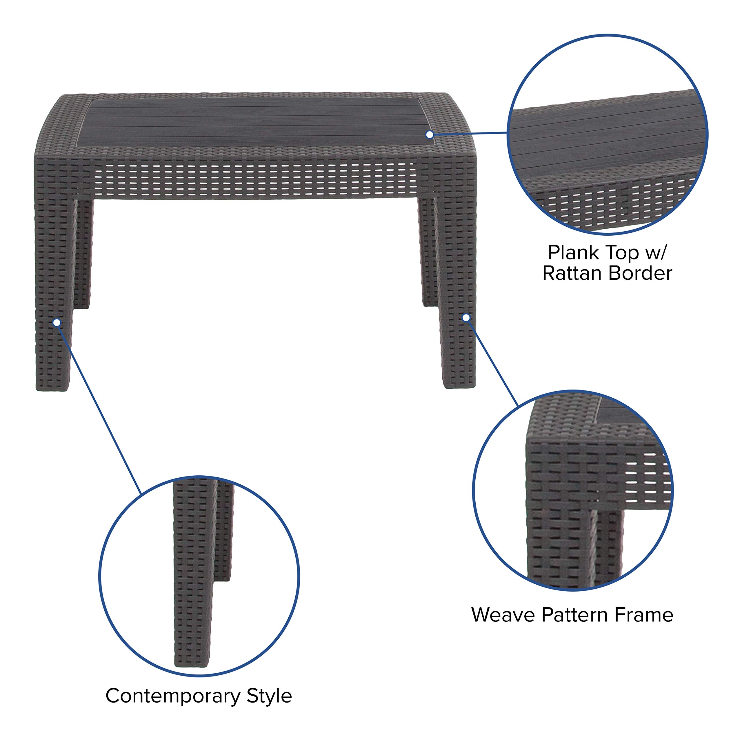 EMMA & OLIVER Dark Gray Faux Rattan Coffee Table - Modern Indoor Outdoor Patio Furniture for Living Room, Garden, Balcony Decor