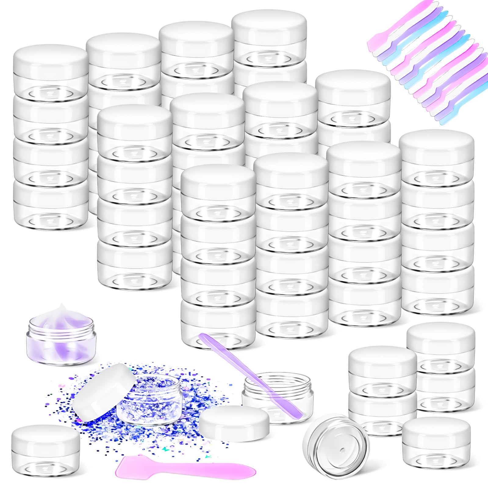 MotBach 50 Pack 10g Plastic Jars with Lids - 10ml Clear Round Cosmetic Containers for Makeup, Travel Size Sample Jars with 20 Spatulas - Perfect for Lotion, Cream, Eyeshadow, Ointment, Salve, Balm & Powder Storage | Great for DIY Beauty, Travel Kits & Small Product Packaging