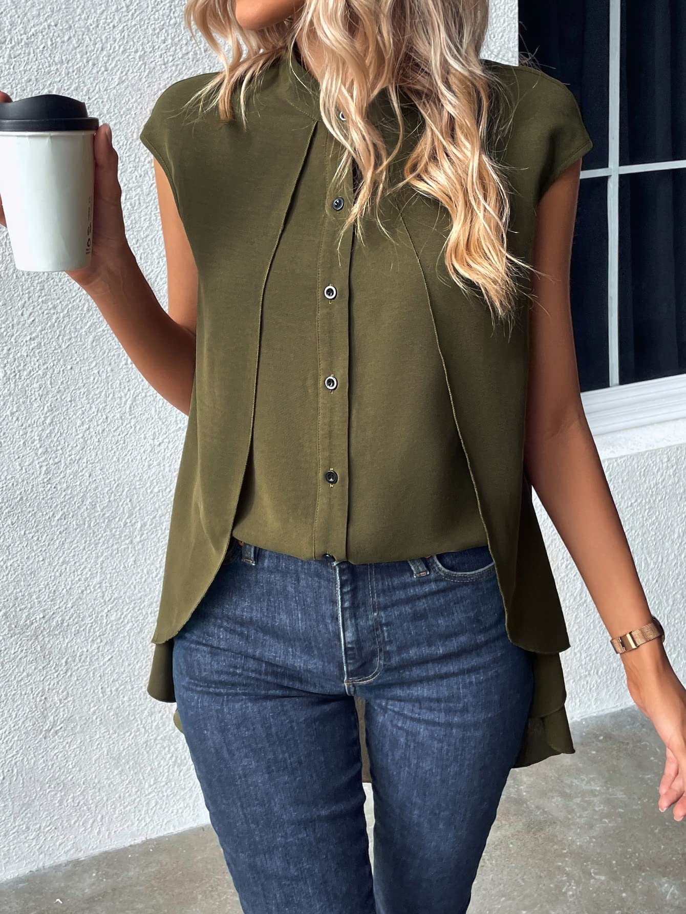 OYOANGLE Women's Button Down Blouse with Cap Sleeves & Stand Collar - High Low Hem Longline Shirt for Work & Casual Wear | Office Outfits, Business Meetings, Date Nights