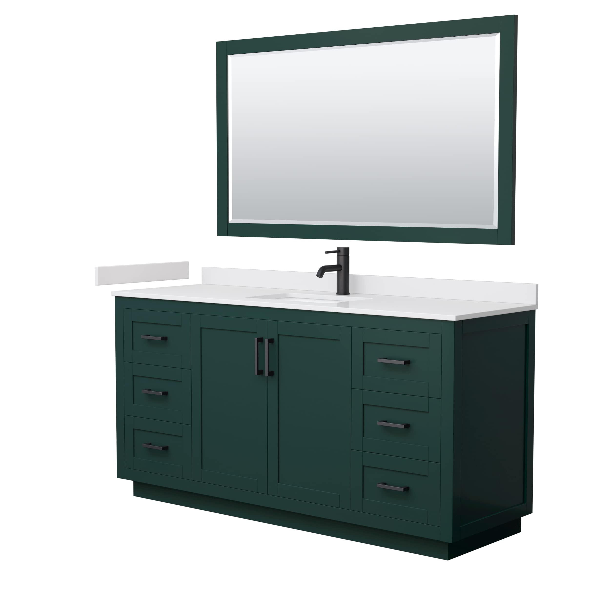 Wyndham Collection Miranda 66 Inch Single Bathroom Vanity with White Cultured Marble Countertop & Undermount Sink - Green Finish, Matte Black Trim, Includes 58 Inch Mirror | Perfect for Modern Bathroom Renovations & Home Upgrades