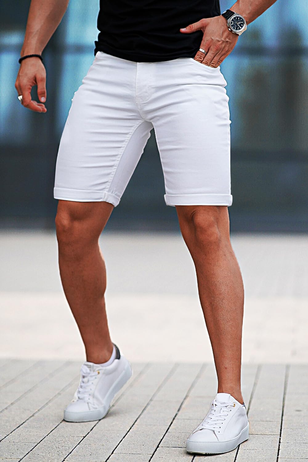 GINGTTO Men's Skinny Stretch Denim Shorts - Slim Fit Stretch Jean Shorts for Men | Perfect for Summer, Casual Wear & Outdoor Activities