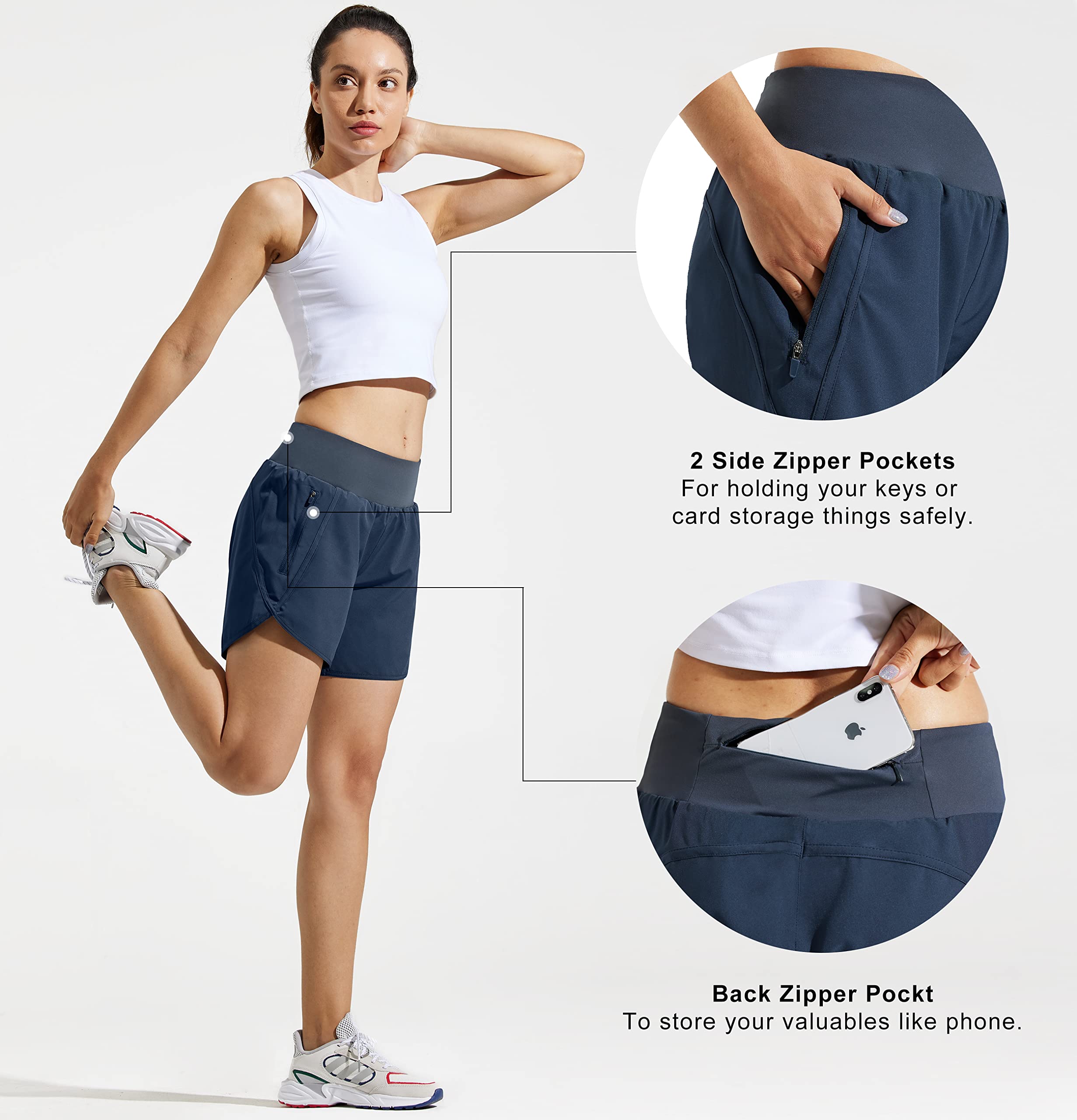 MASKERT Women's 5-Inch Athletic Running Shorts with Zipper Pockets - Quick Dry Gym Workout Shorts with Liner for Yoga, Jogging & Lounge Wear