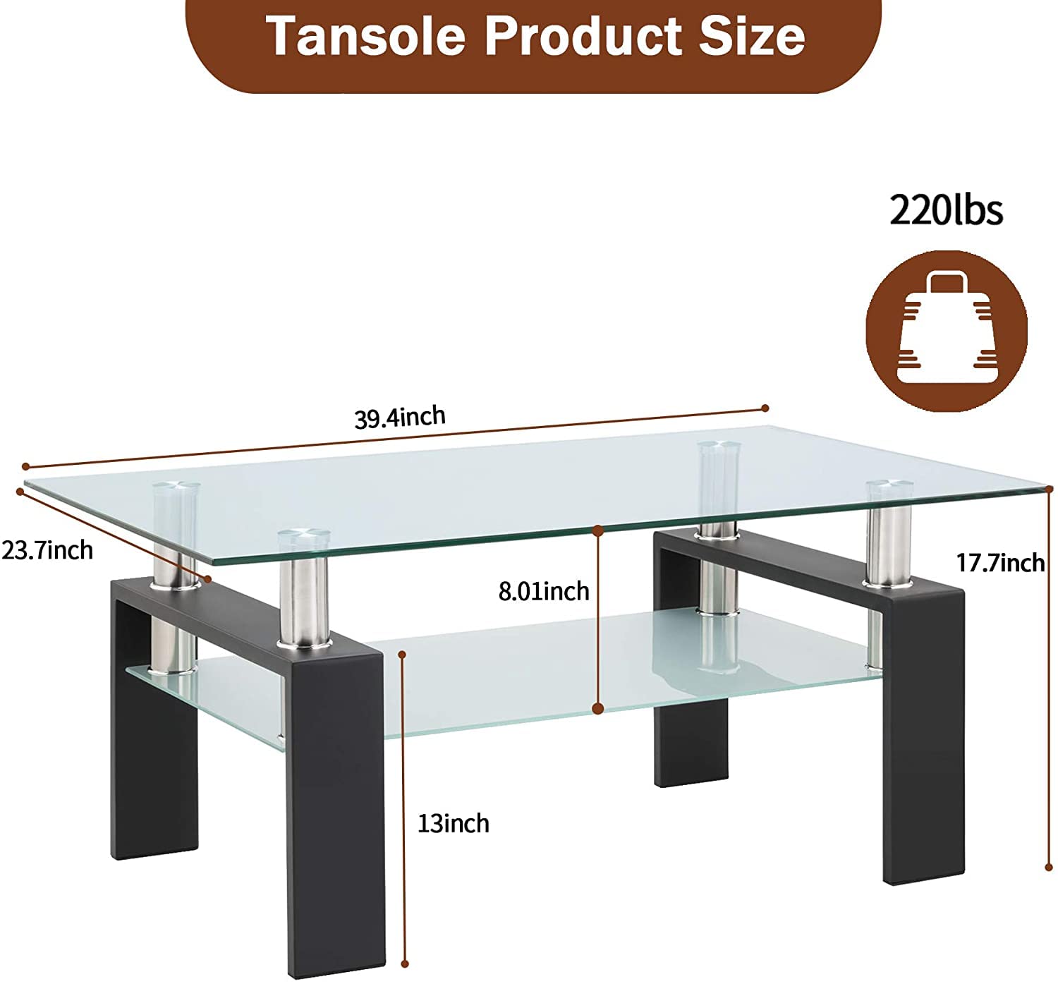 Modern Rectangle Tempered Glass Coffee Table with Sturdy Metal Legs - Perfect for Living Room, Home Office & Conversation Areas - Durable Glass End Table for Leisure & Entertainment Spaces