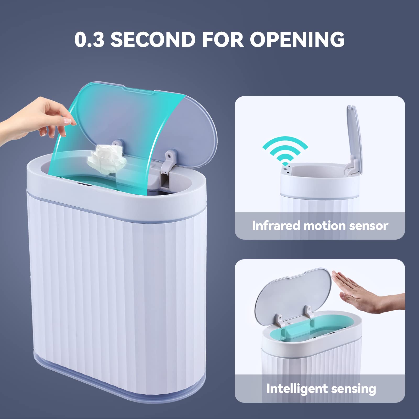ELPHECO 2.5 Gallon Automatic Motion Sensor Trash Can - Waterproof Bathroom & Kitchen Garbage Bin, 10L Slim Design for Small Spaces, White with Grey Trim - Perfect for Bathroom, Office, Kitchen & Narrow Spaces